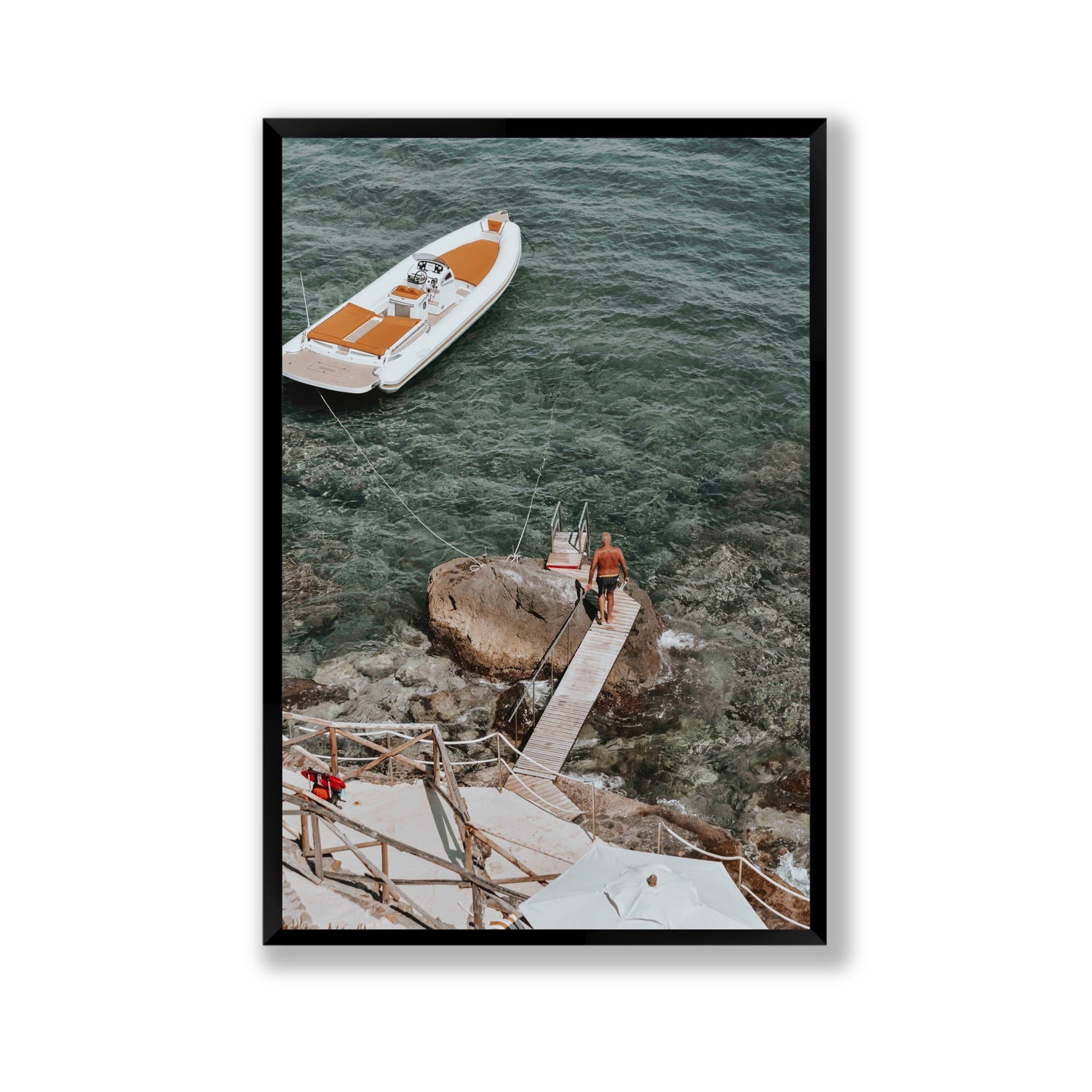 Secret Cove Tuscany coastal Italian wall art Gallery full-bleed fine art print in black frame