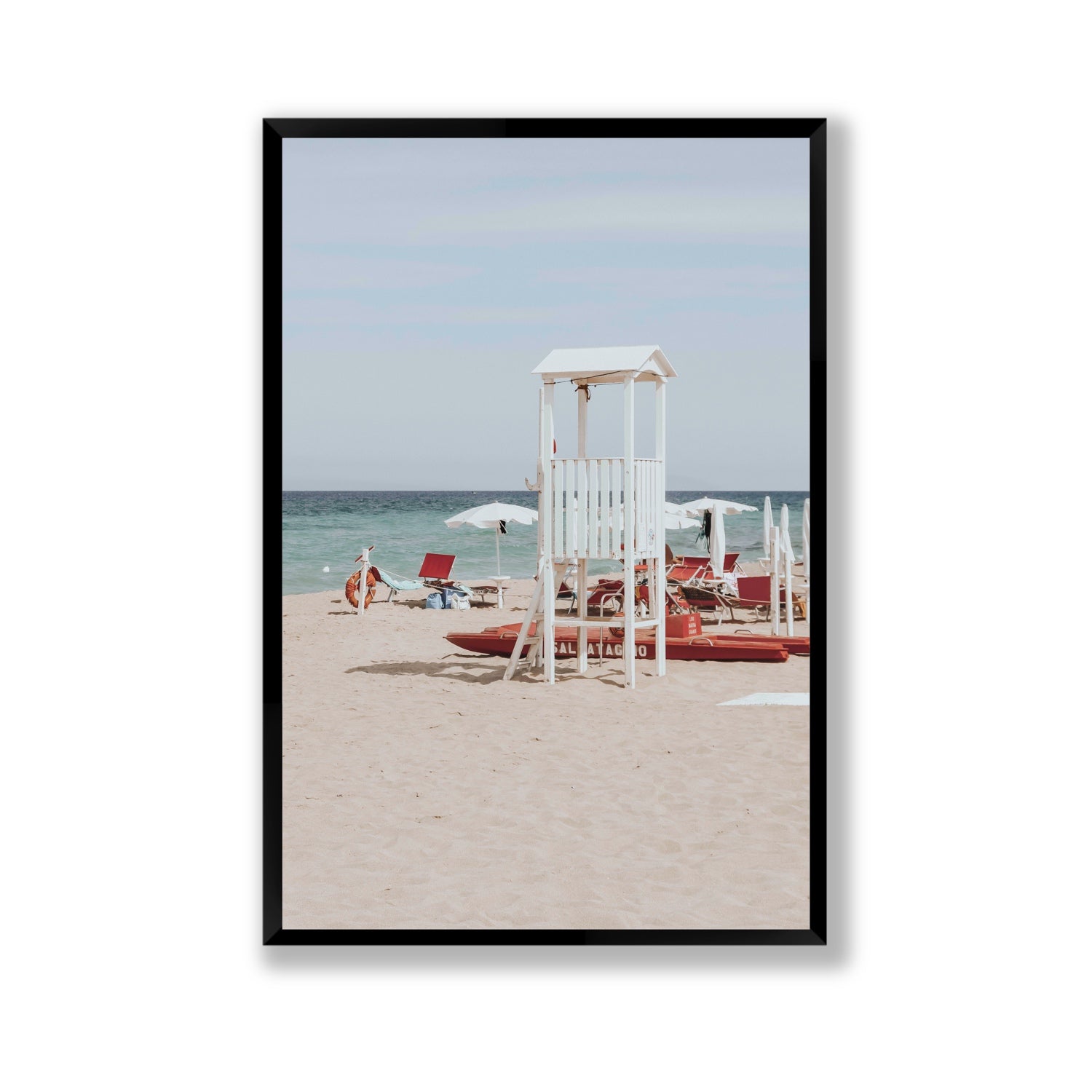 Barefoot Bliss Puglia beach Italian coastal decor wall art Gallery full-bleed fine art print in black frame