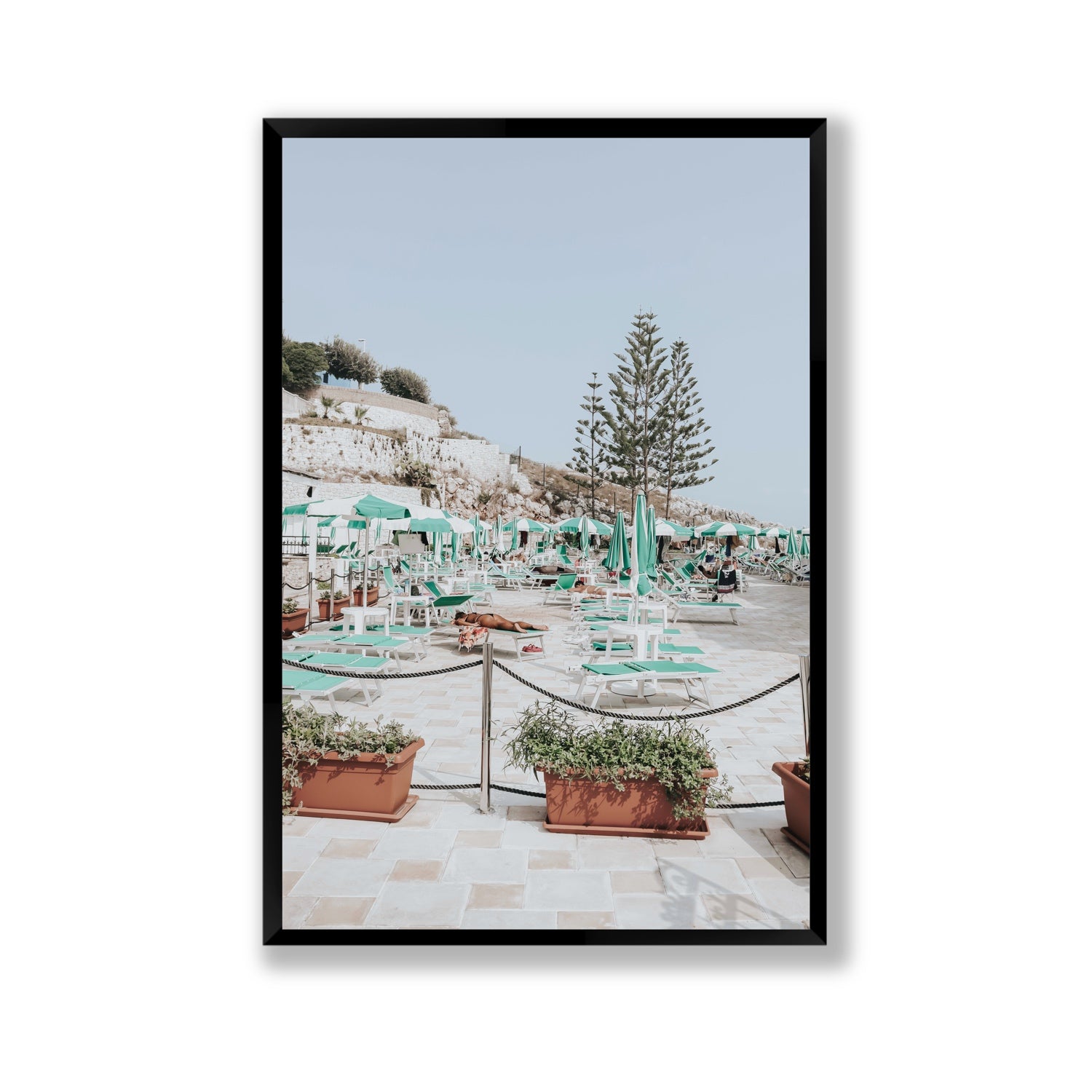 Siesta on The Terrace Puglia coastal wall art Gallery full-bleed fine art print in black frame