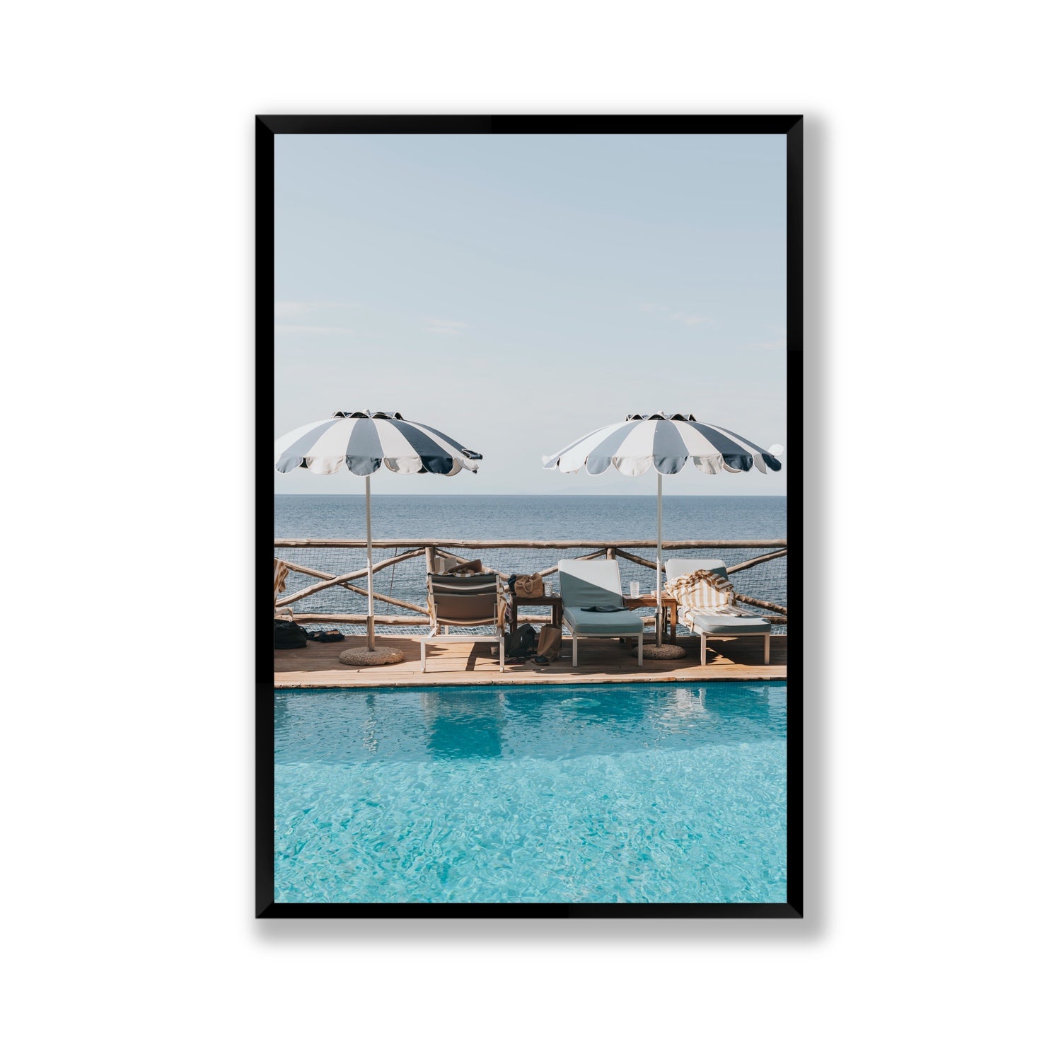 Beach Retreat fine art print, Ischia, Italy, european beach clubs artwork, Gallery, Black Frame · Full Bleed, Fine Art Print