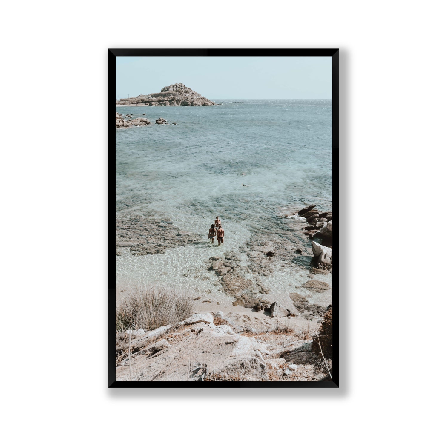 Island Life Mykonos coastal Greek island wall art Gallery full-bleed fine art print in black frame