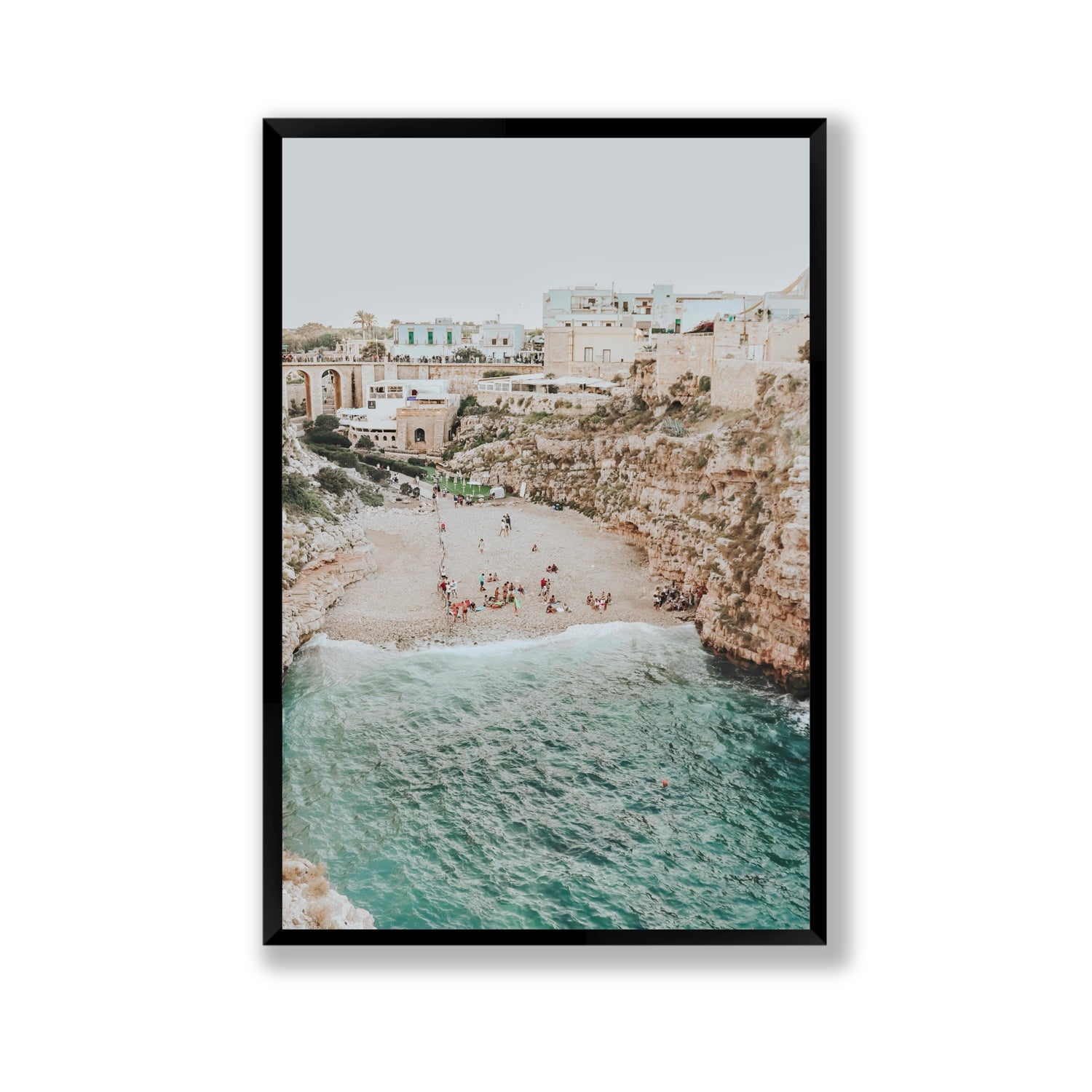 Polignano Vista Puglia coastal Italian beach fine art print Gallery full-bleed fine art print in black frame