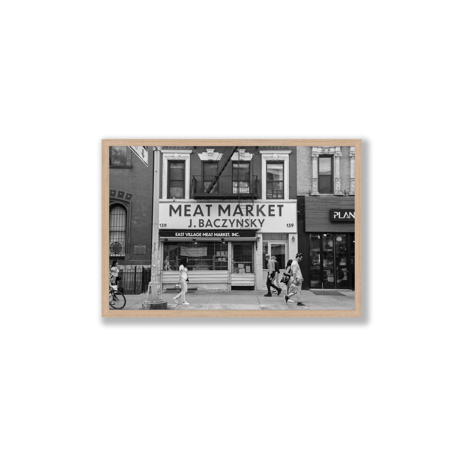 Meat District New York NYC Black & White wall art Large full-bleed fine art print in natural oak frame
