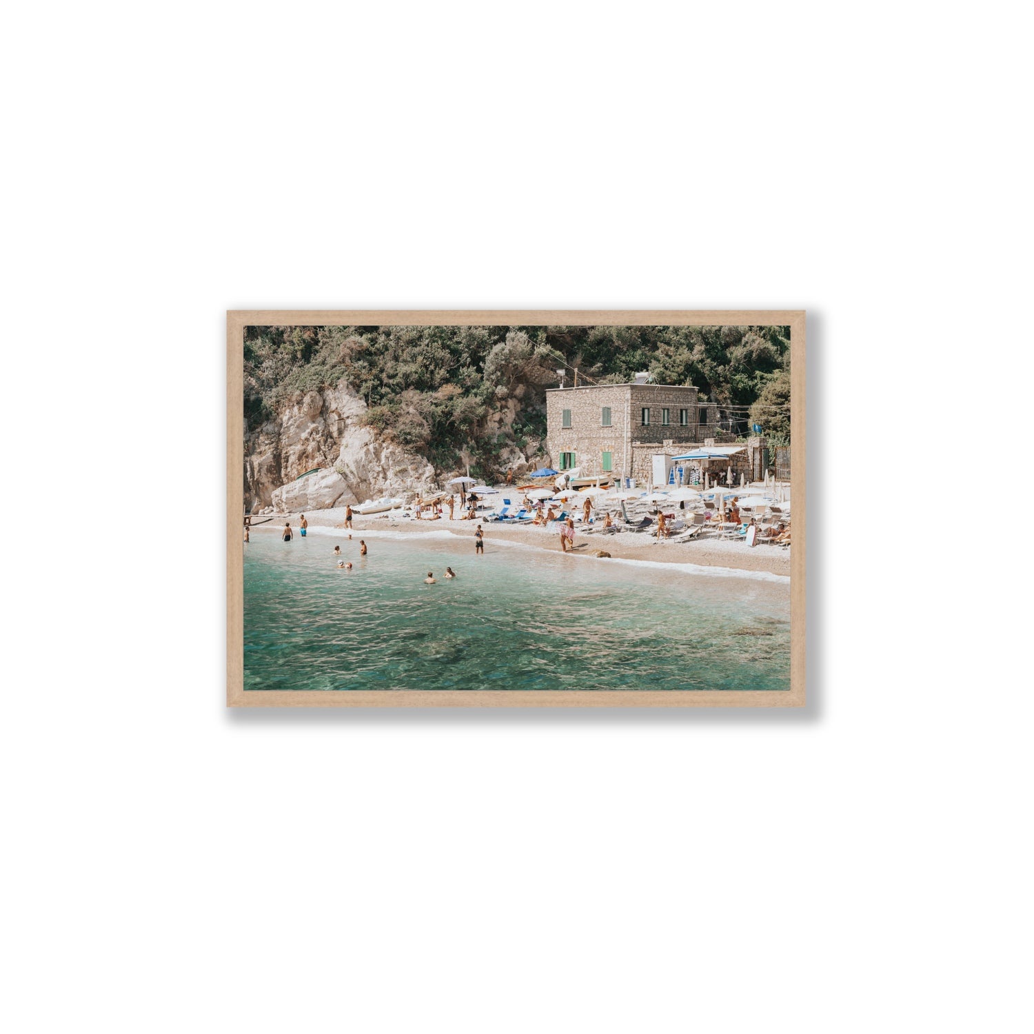 Secluded Sanctuary Nerano Italian Mediterranean decor wall art Large full-bleed fine art print in natural oak frame