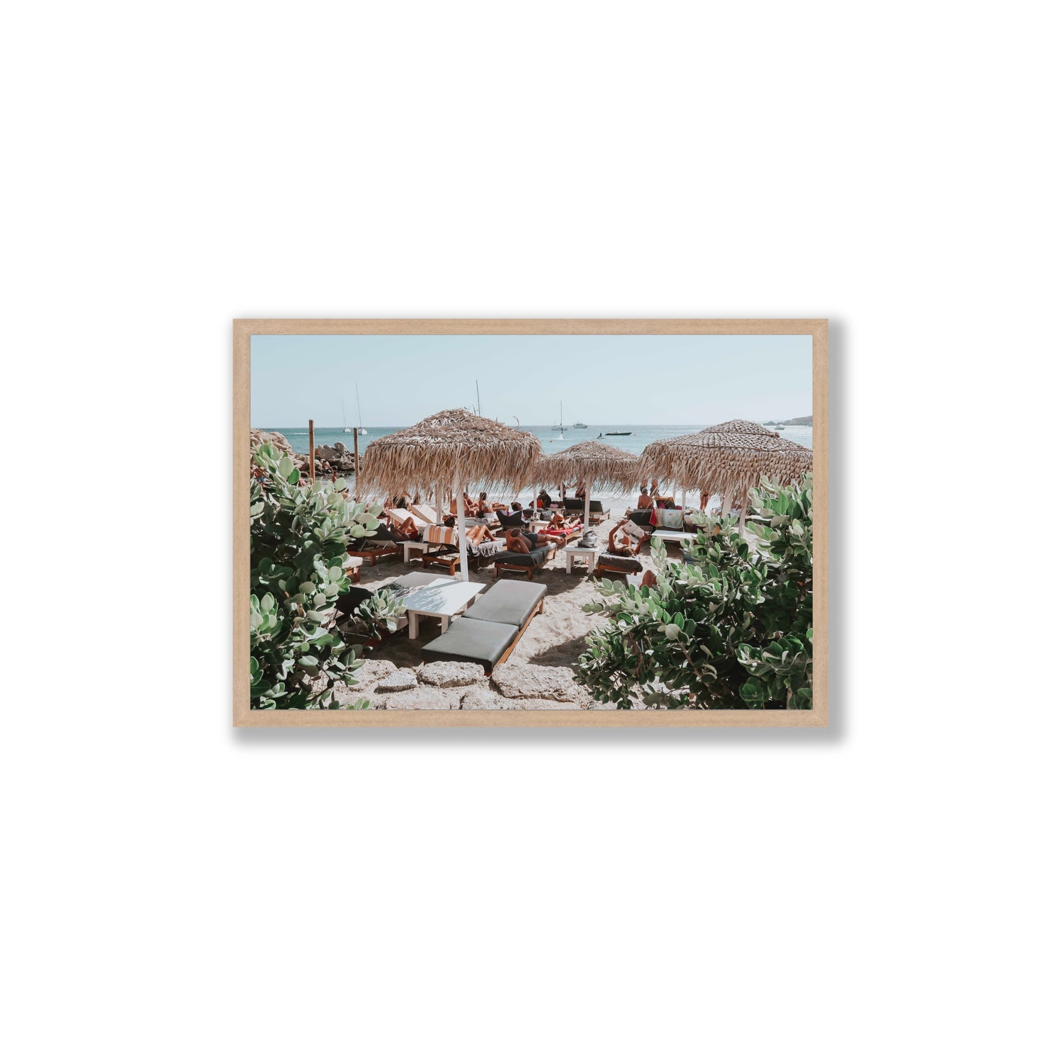 Greek Haven Mykonos Greek island coastal wall art Large full-bleed fine art print in natural oak frame