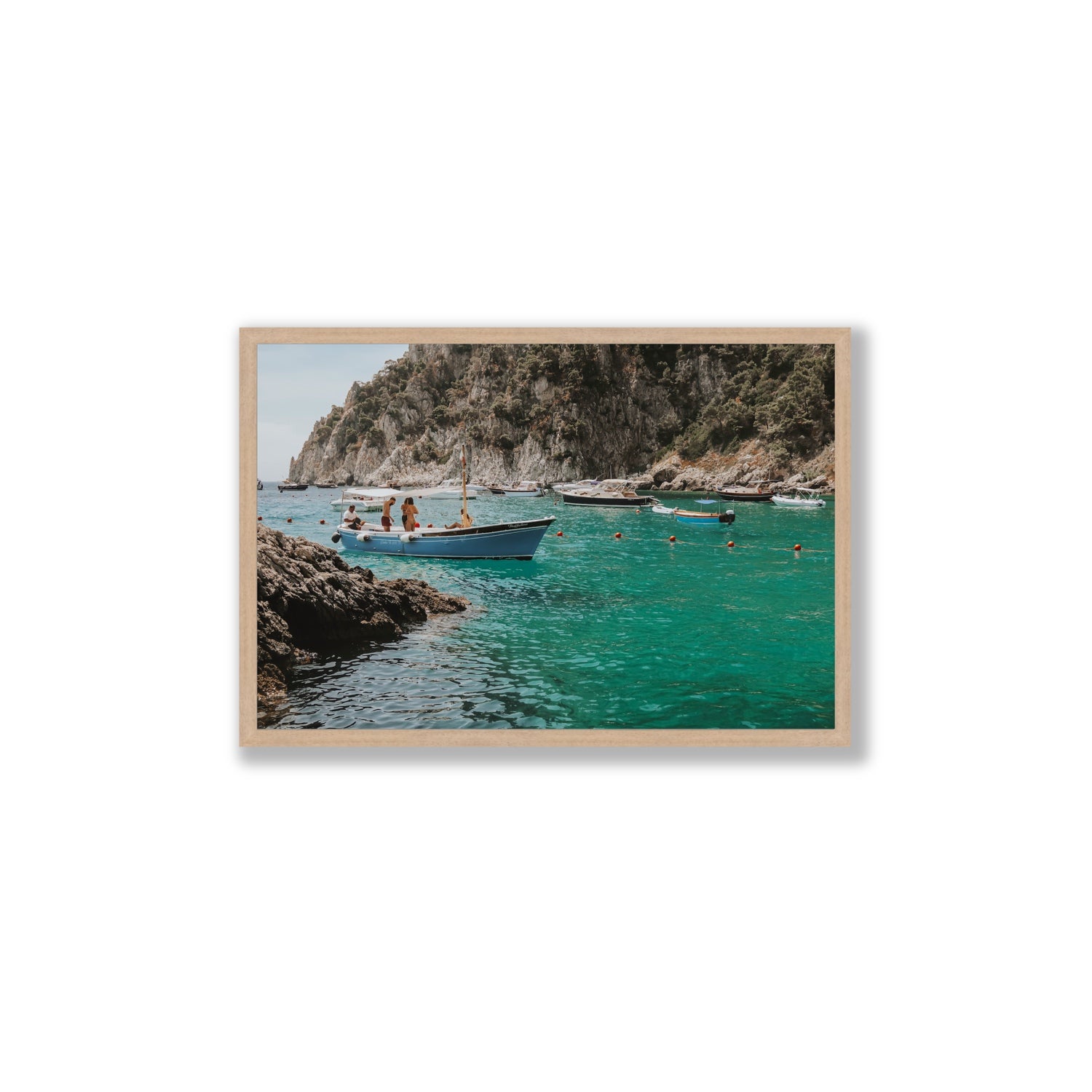 Cozy Cove Capri coastal Mediterranean wall art Large full-bleed fine art print in natural oak frame