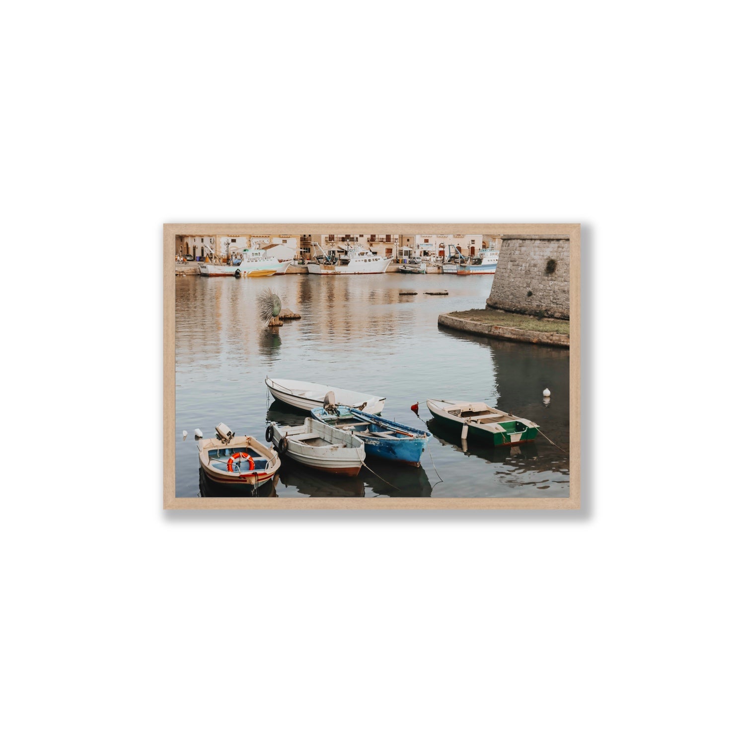 Cinque Barche Puglia Gallipoli Italian art print Large full-bleed fine art print in natural oak frame