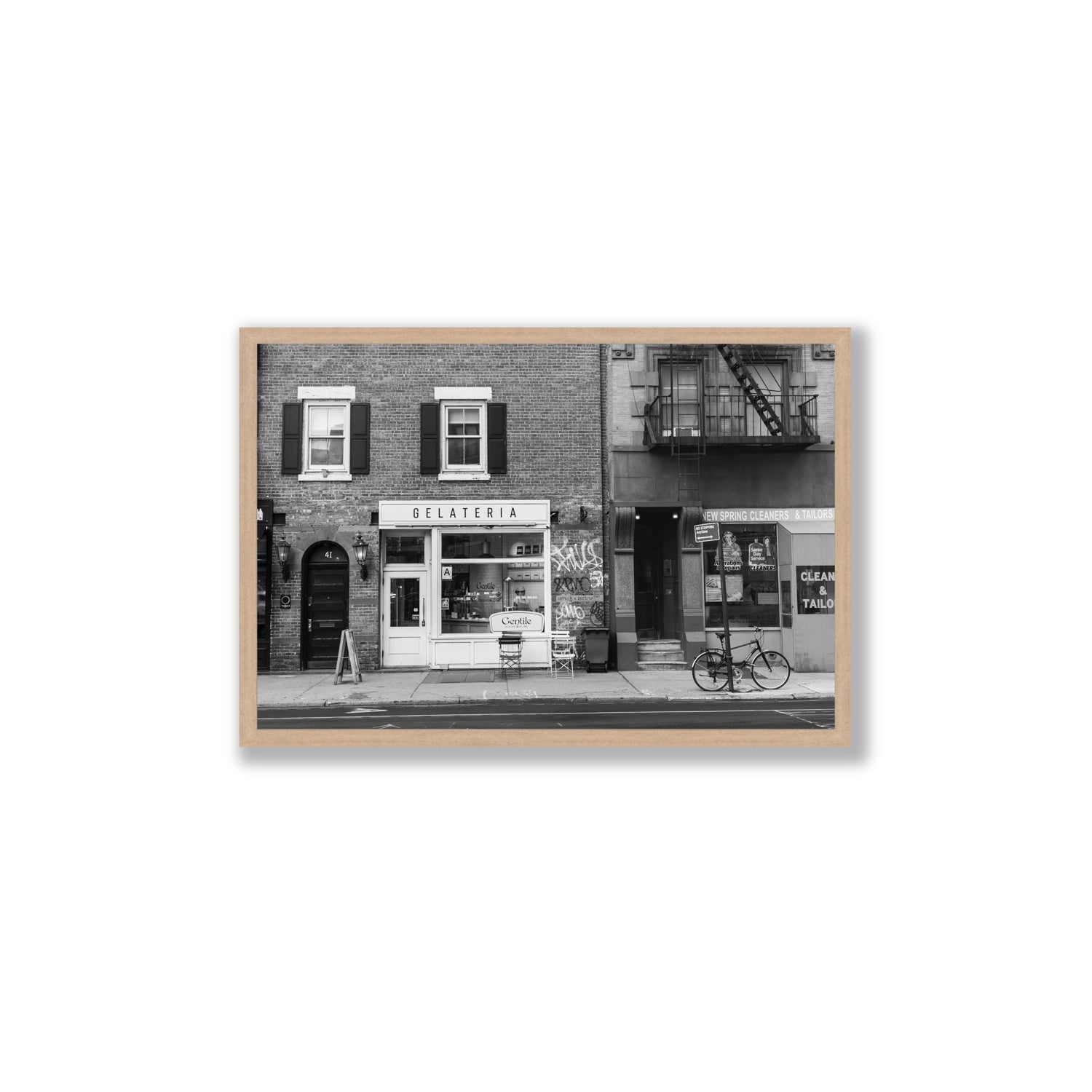 West Village Dolcezza New York NYC Black & White wall art Large full-bleed fine art print in natural oak frame