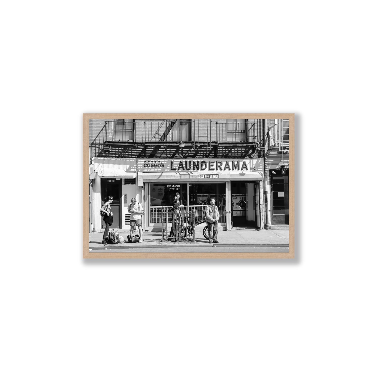 Launderama New York NYC Black & White wall art Large full-bleed fine art print in natural oak frame