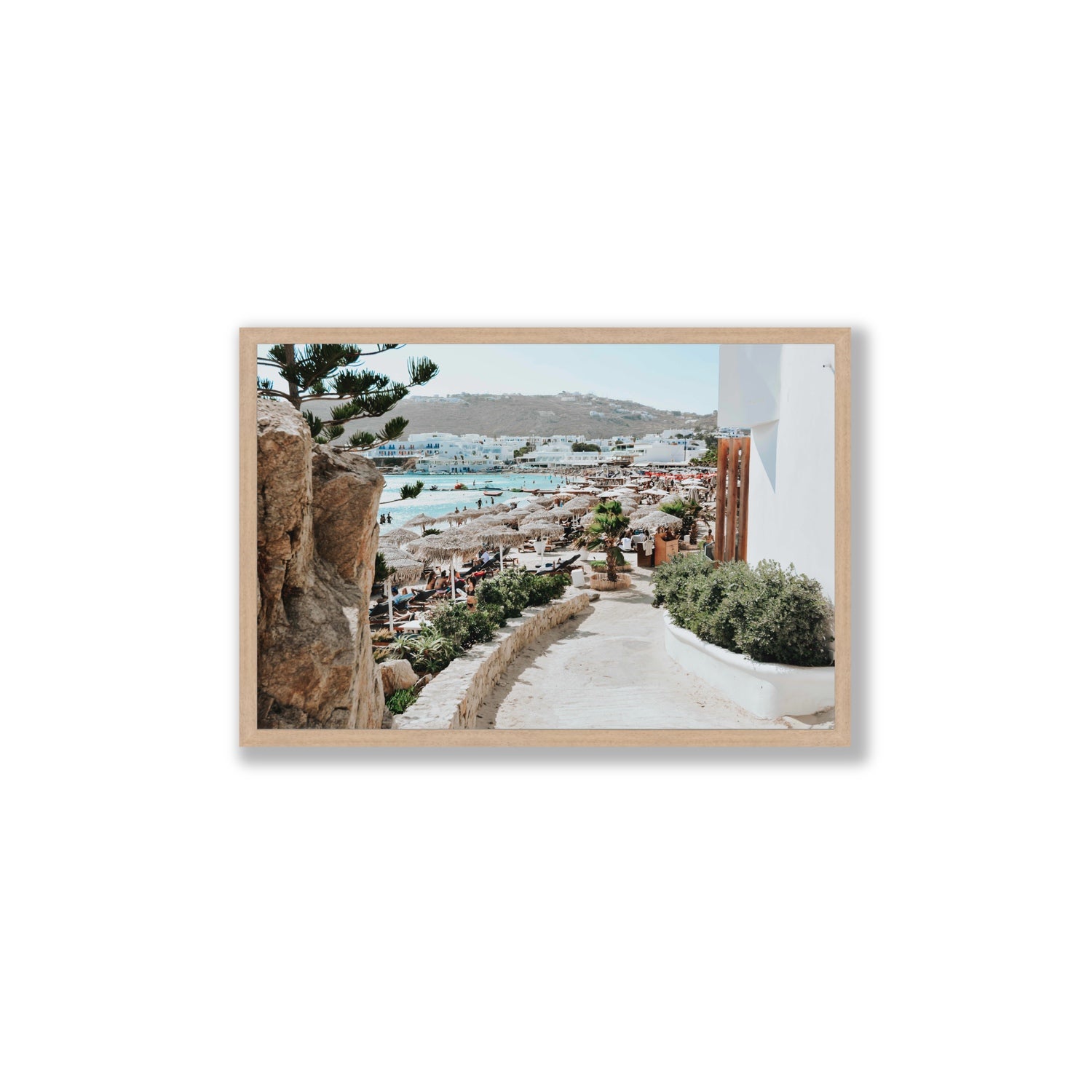 Kalimera Mykonos Greek island wall art Large full-bleed fine art print in natural oak frame