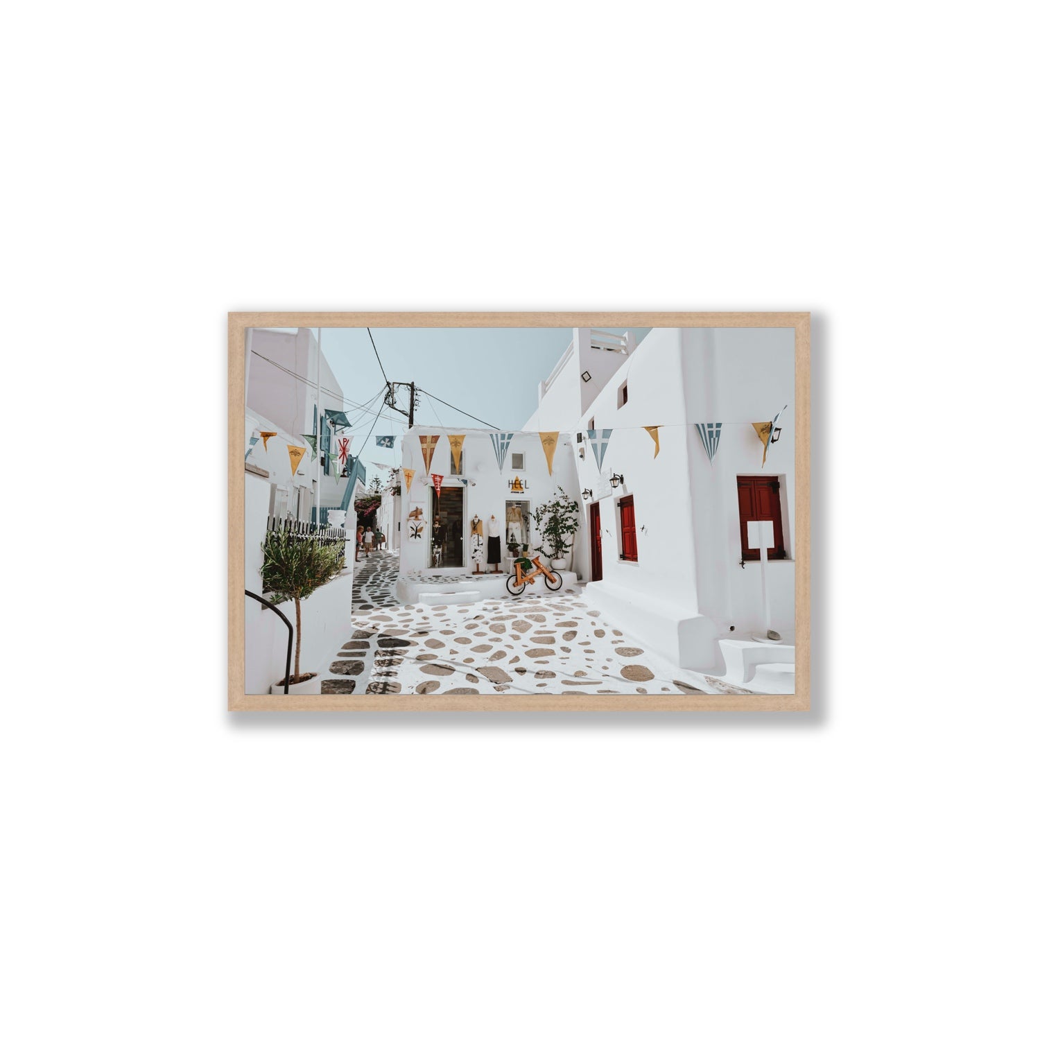 Cruising The Streets Mykonos Greek island wall art Large full-bleed fine art print in natural oak frame
