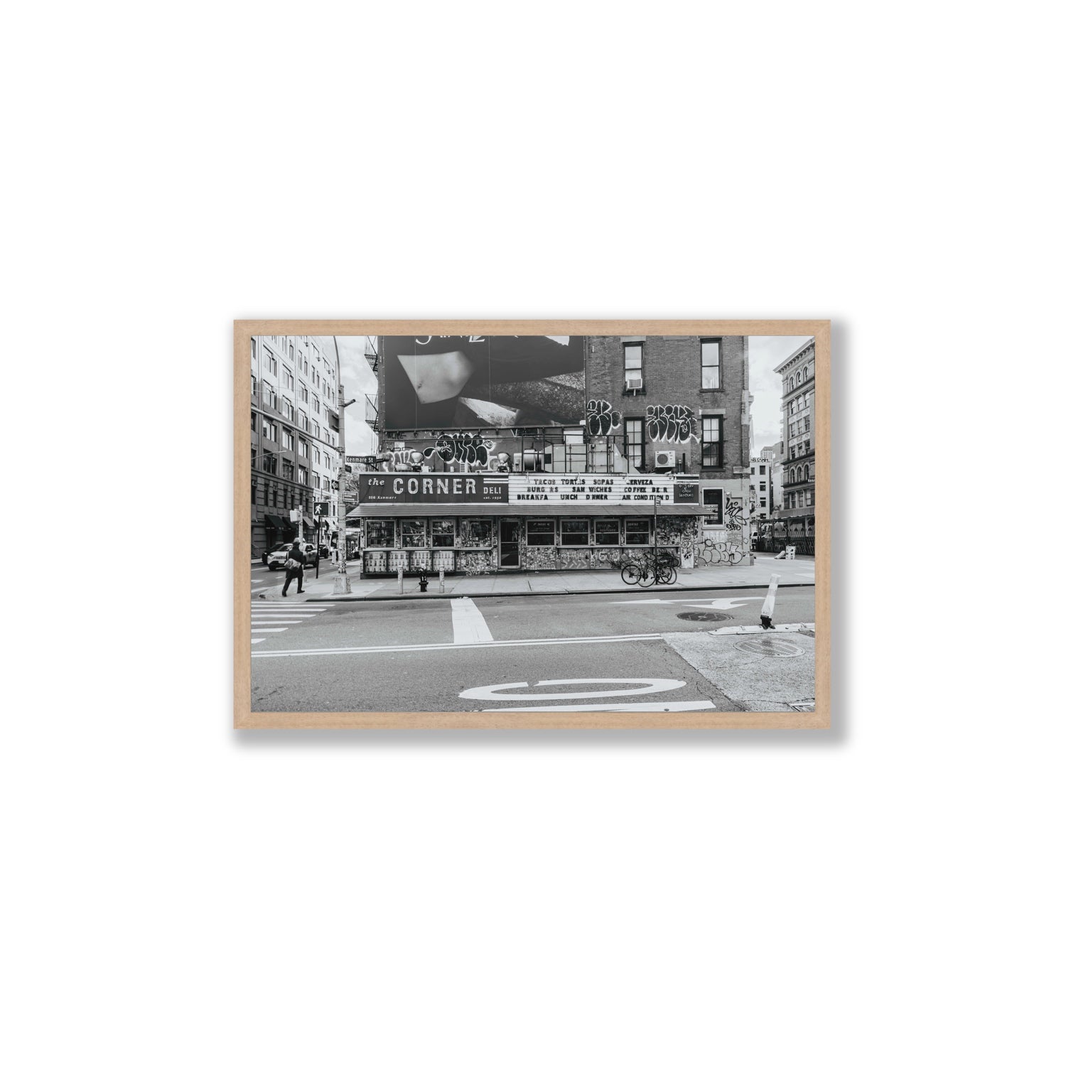 Kenmare Street New York NYC Black & White wall art Large full-bleed fine art print in natural oak frame