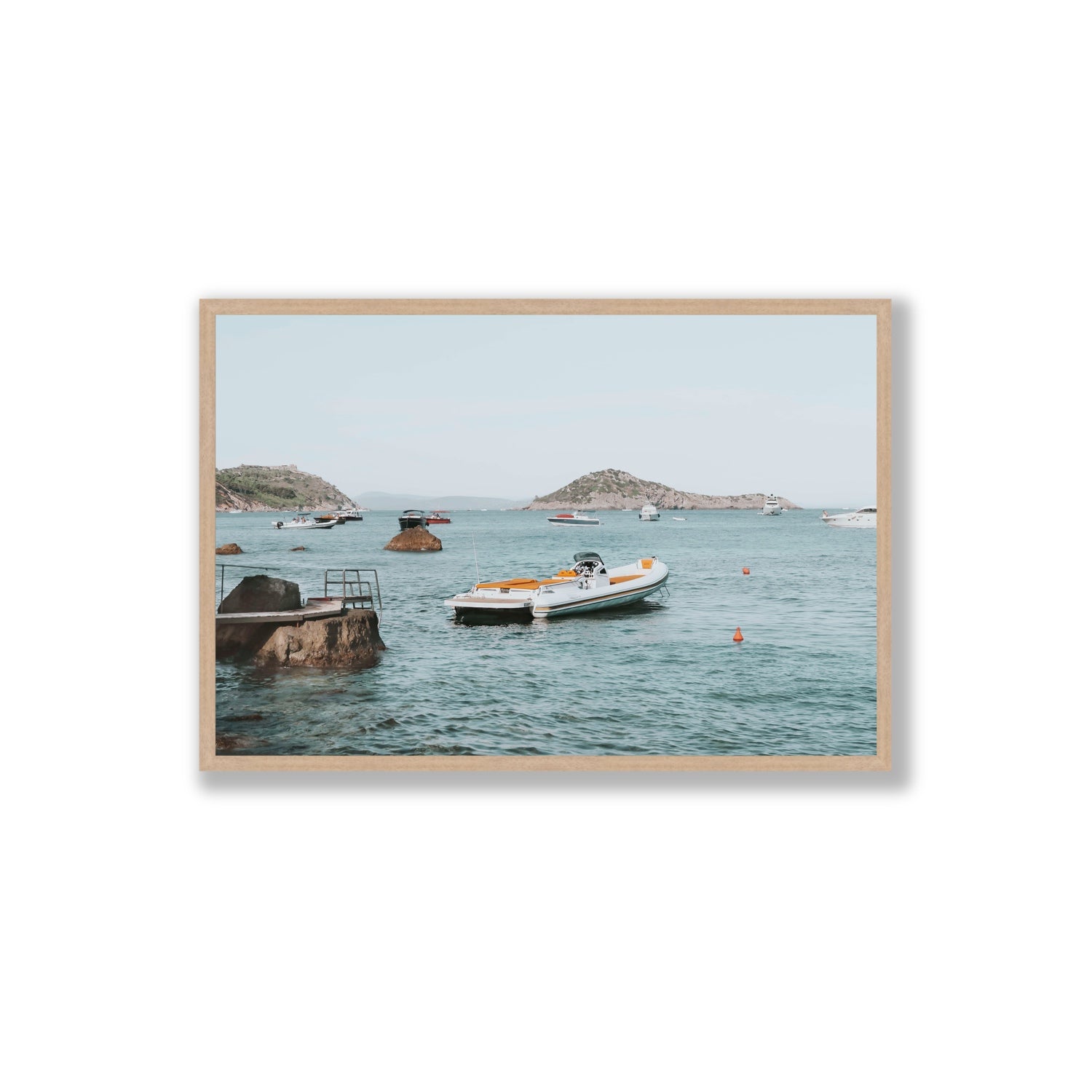 The Azure Sea Tuscany coastal Italian wall art Extra Large full-bleed fine art print in natural oak frame