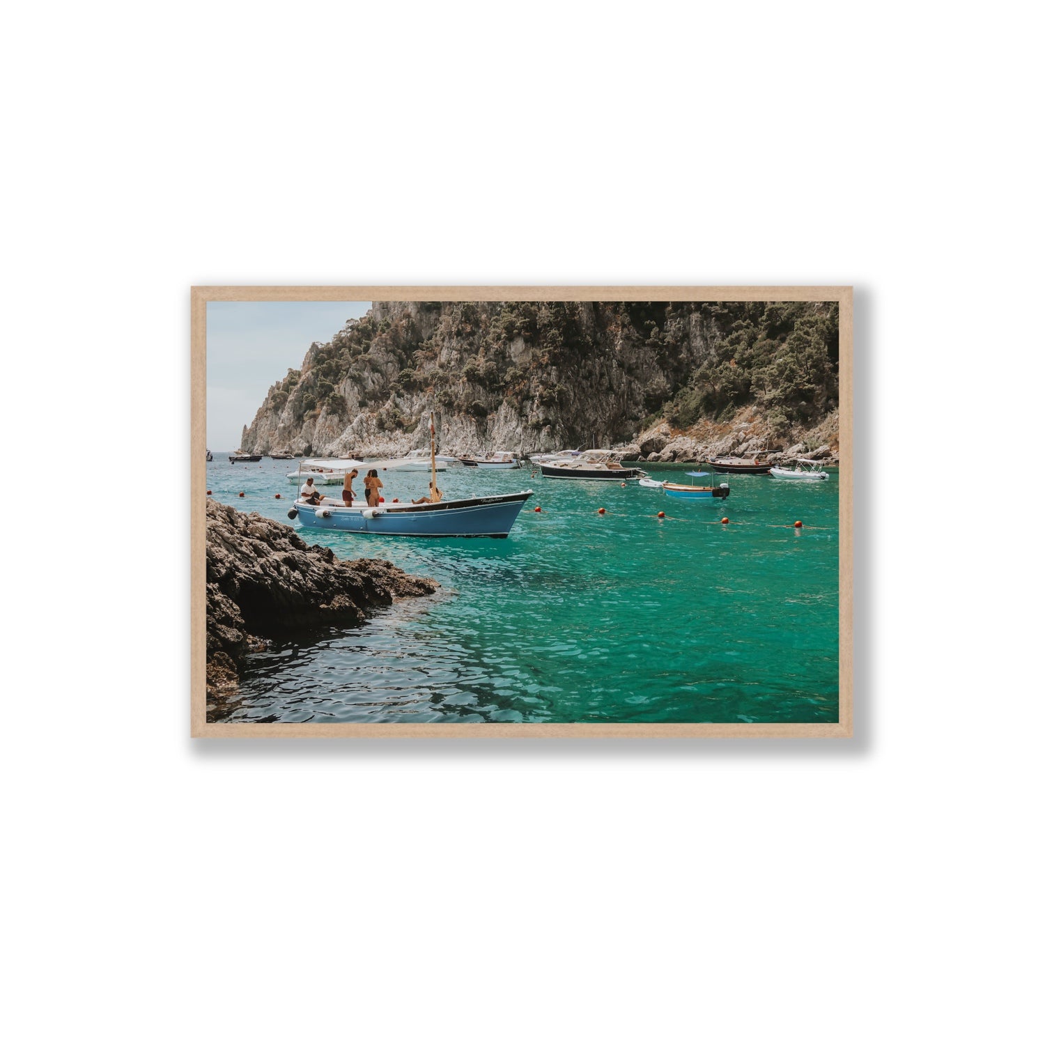 Cozy Cove Capri coastal Mediterranean wall art Extra Large full-bleed fine art print in natural oak frame