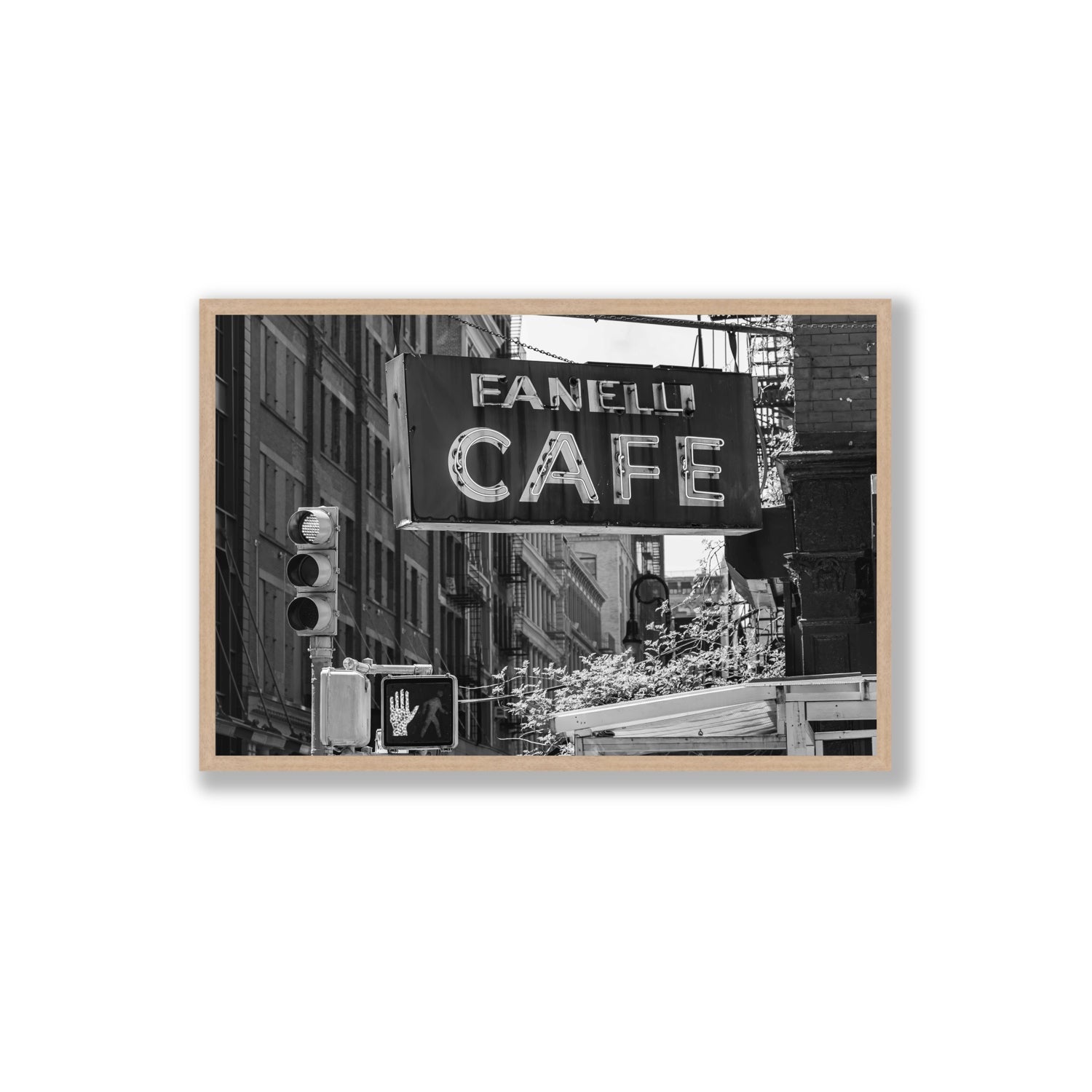 Soho Neon New York NYC Black & White wall art Extra Large full-bleed fine art print in natural oak frame