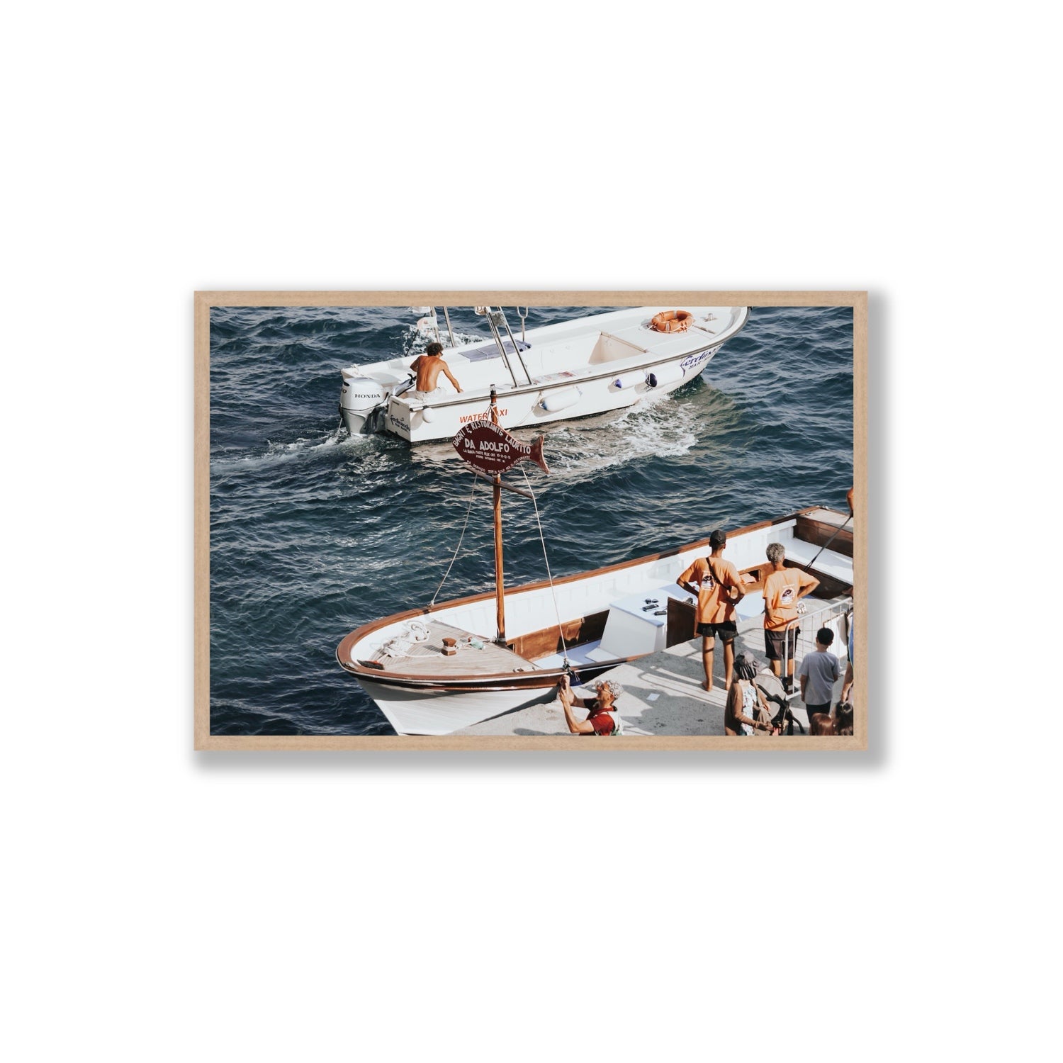 Water Taxi Positano wall art Extra Large full-bleed fine art print in natural oak frame