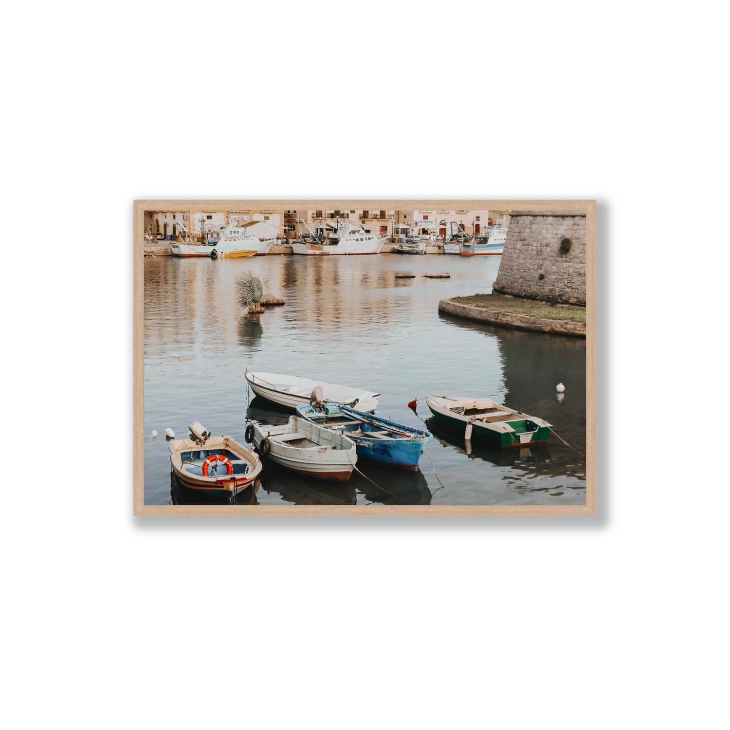 Cinque Barche Puglia Gallipoli Italian art print Extra Large full-bleed fine art print in natural oak frame