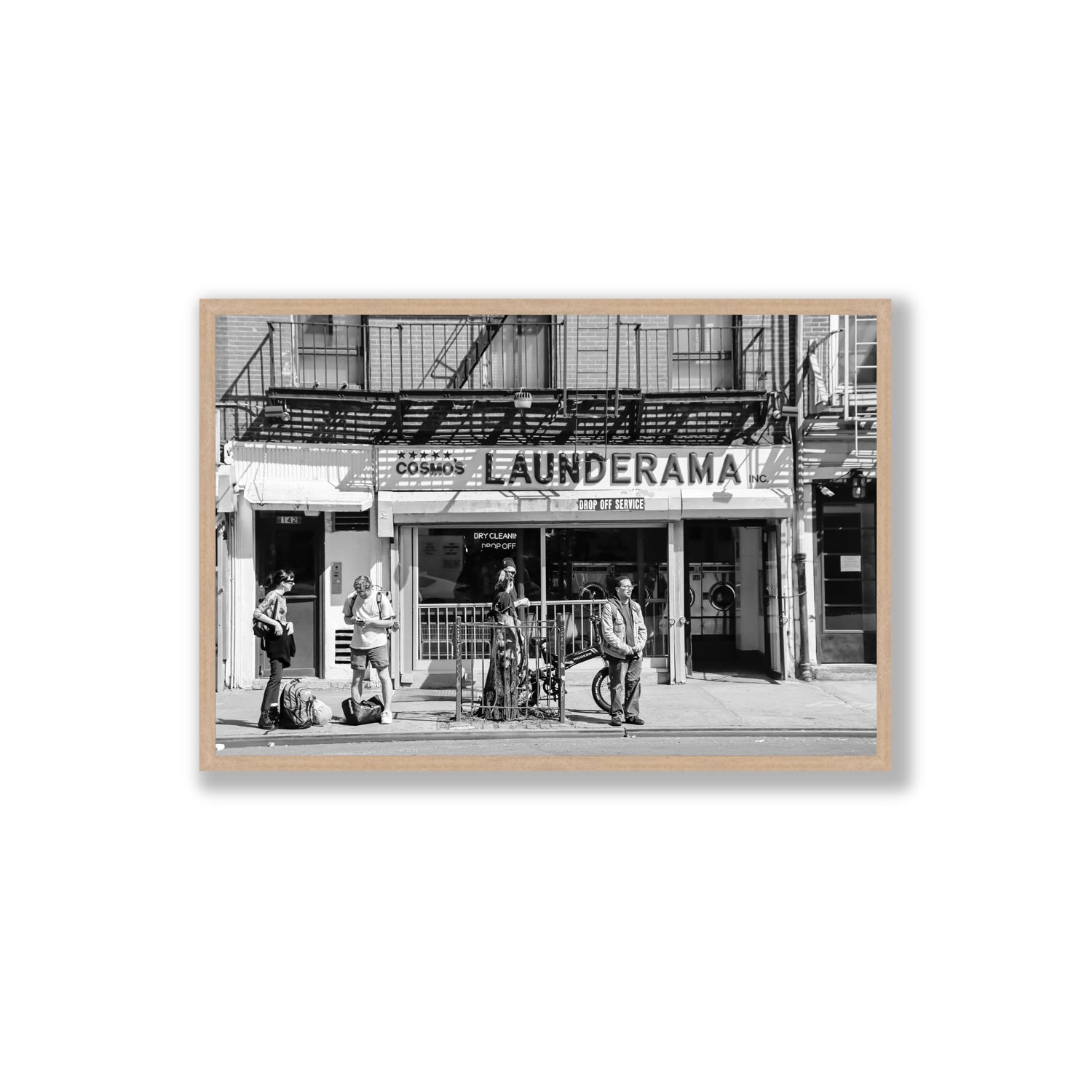 Launderama New York NYC Black & White wall art Extra Large full-bleed fine art print in natural oak frame