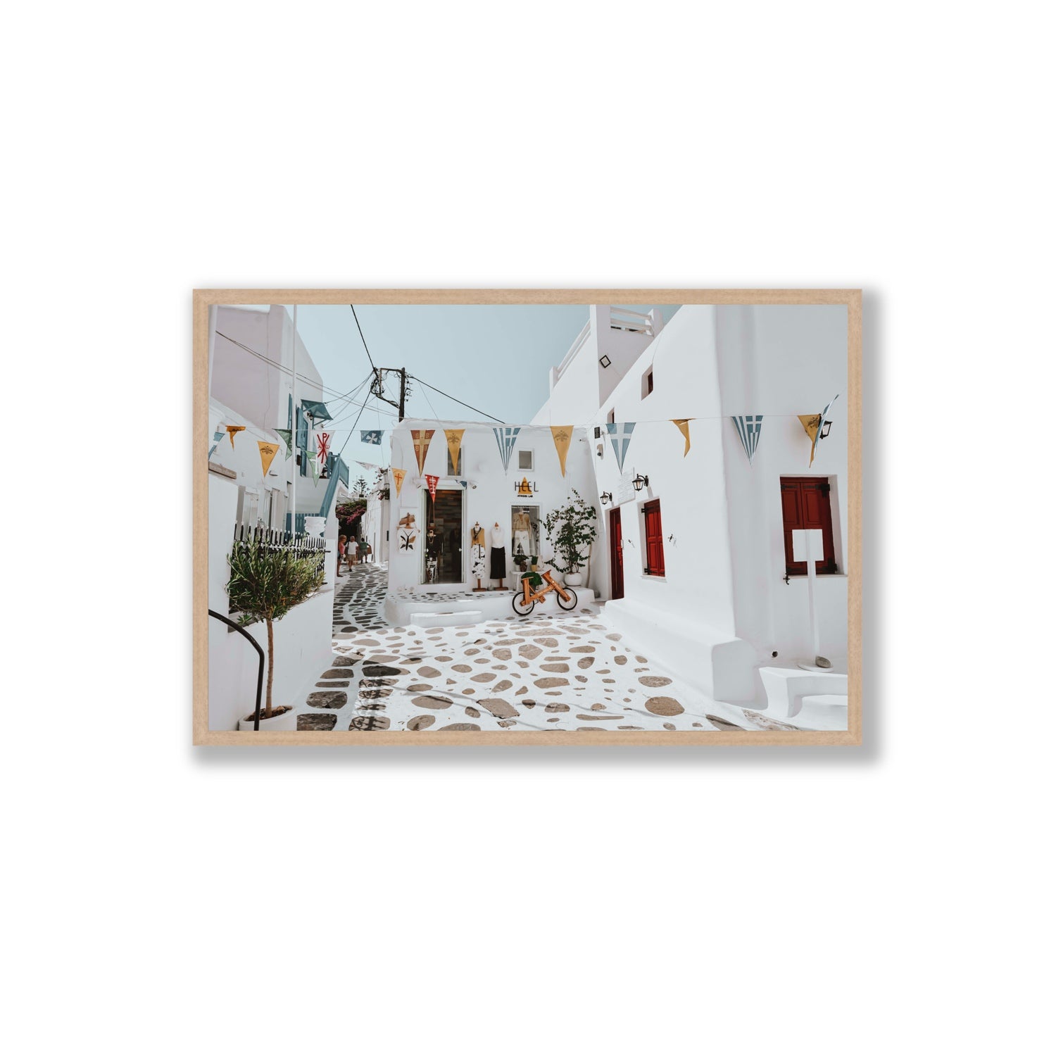 Cruising The Streets Mykonos Greek island wall art Extra Large full-bleed fine art print in natural oak frame