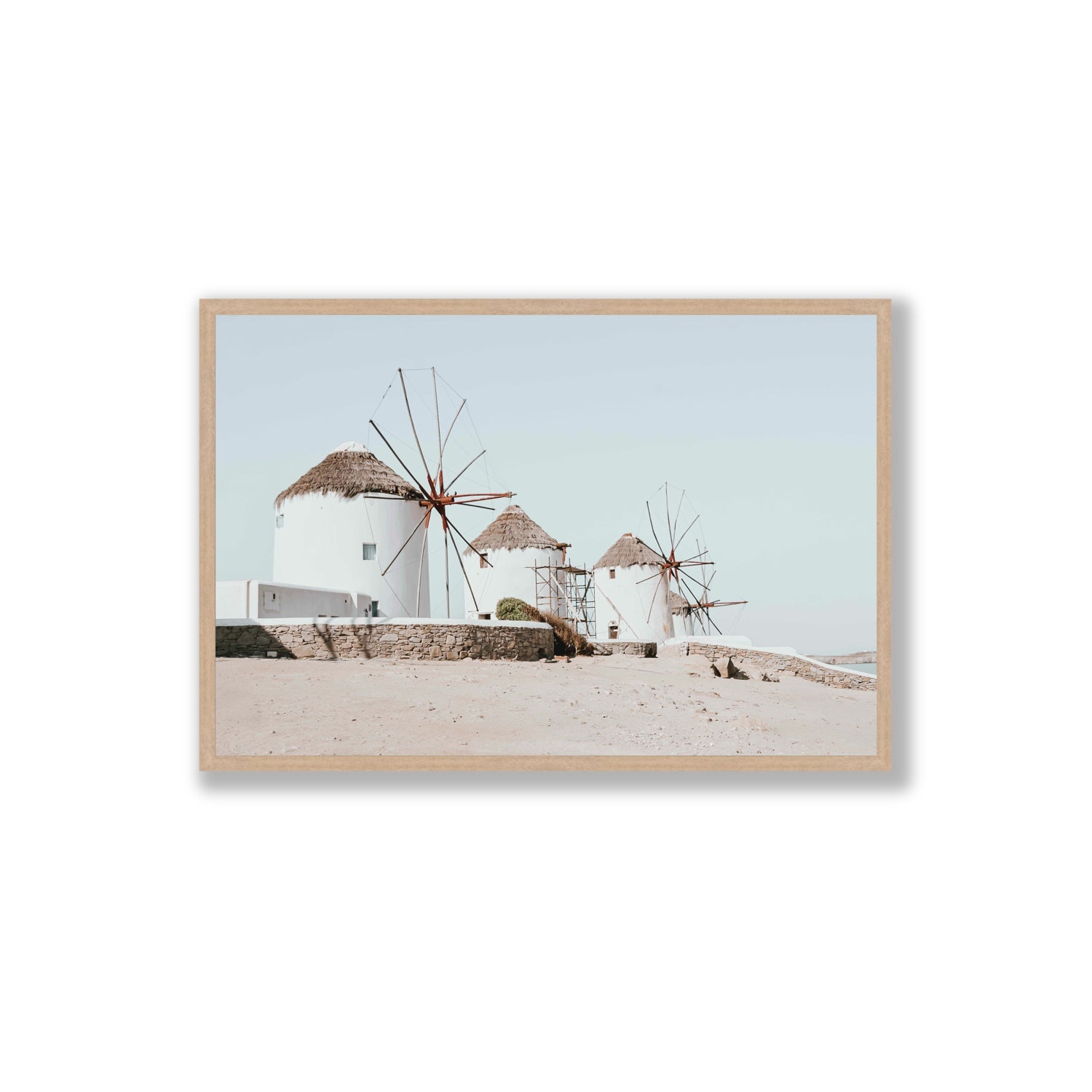 Rustic Icons Mykonos Greek island wall art Extra Large full-bleed fine art print in natural oak frame