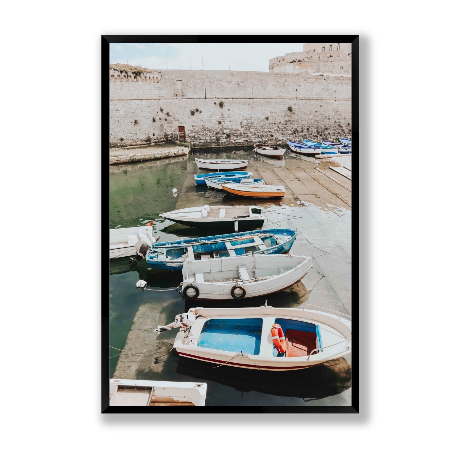Harbour Palette Puglia coastal photography wall art Statement full-bleed fine art print in black frame