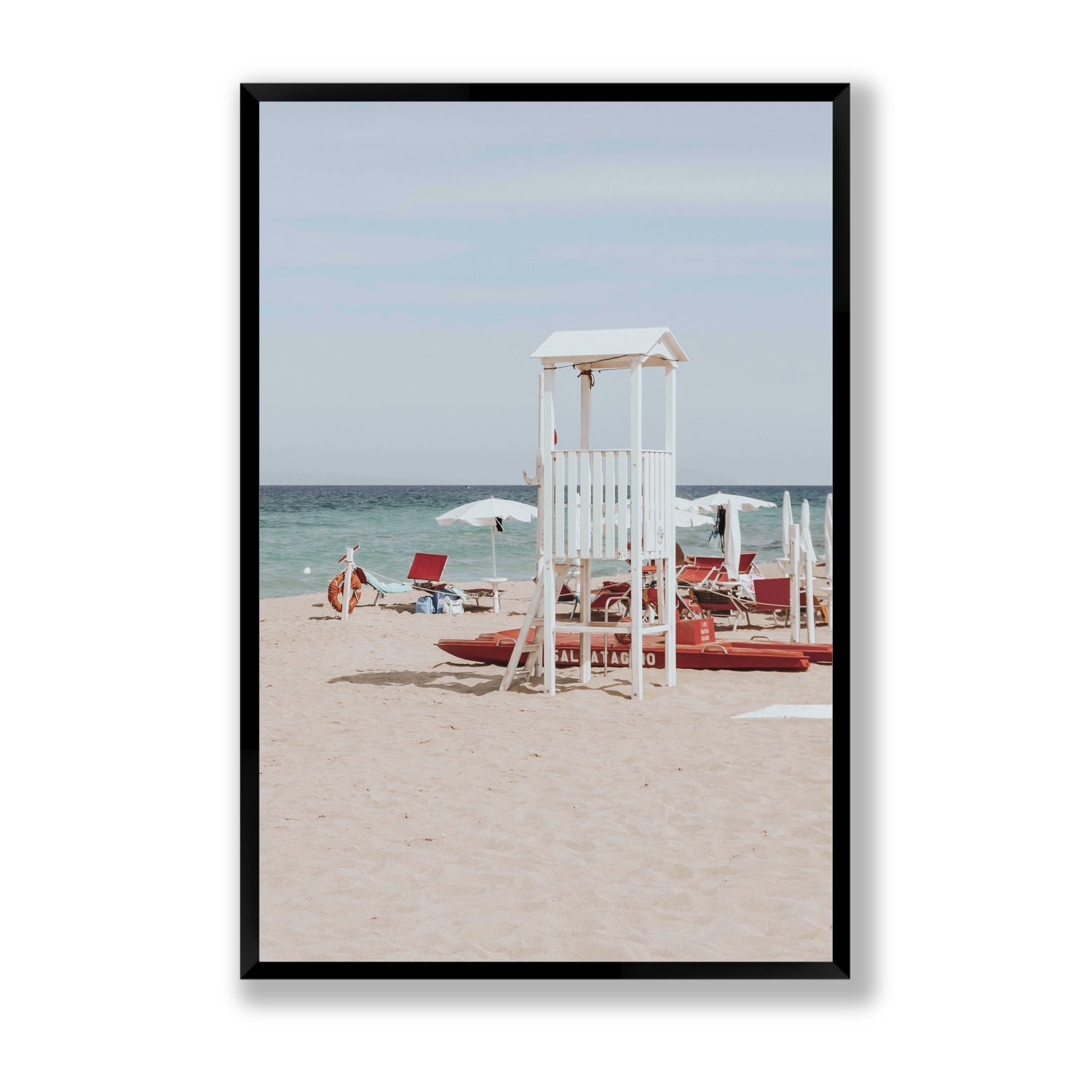 Barefoot Bliss Puglia beach Italian coastal decor wall art Statement full-bleed fine art print in black frame