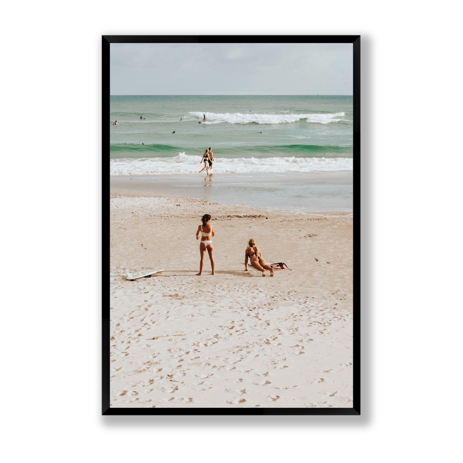 Gidget & Betty Byron Bay beach coastal wall art Statement full-bleed fine art print in black frame