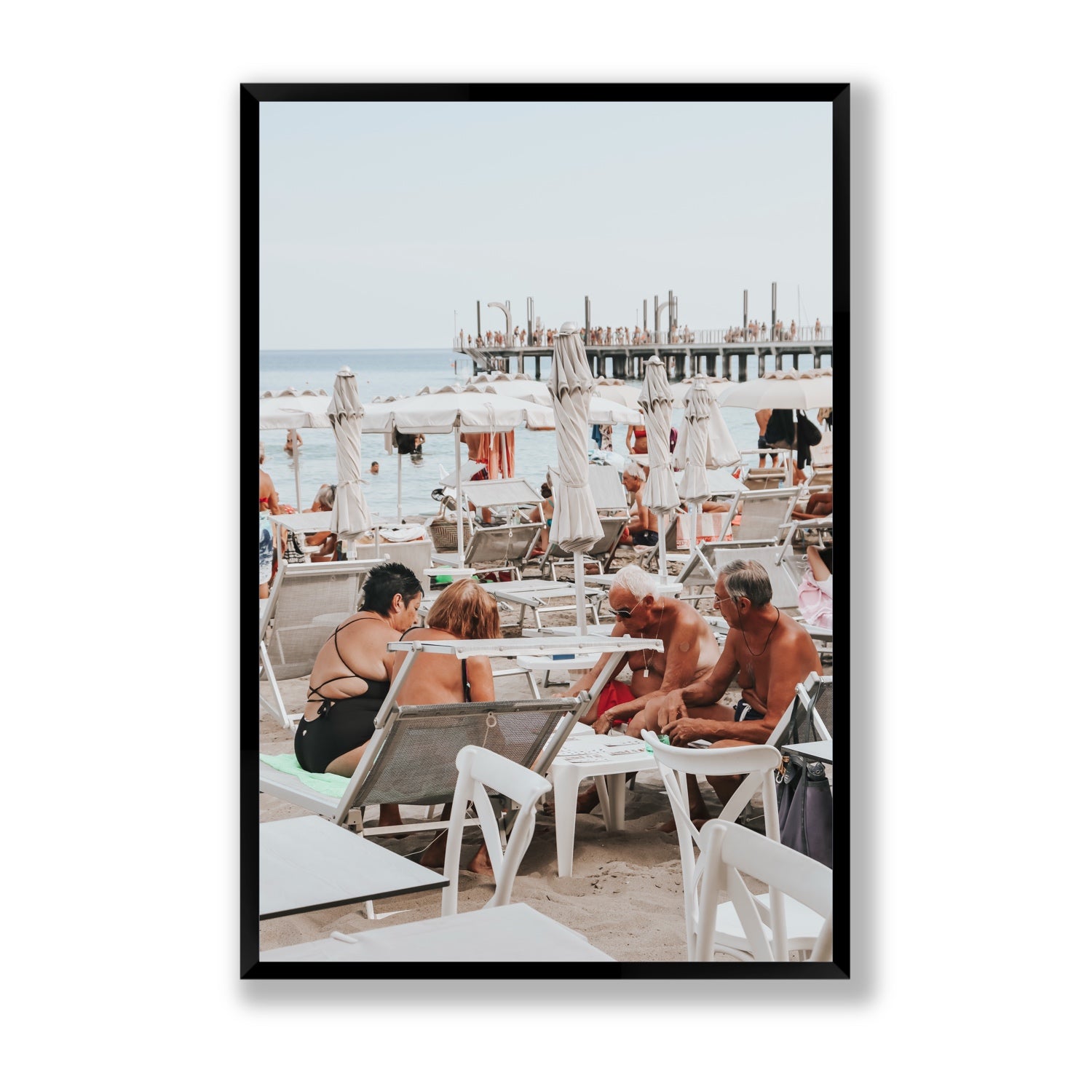 Salted Shuffle fine art print, Alassio, Italy, people and locals artwork, Statement, Black Frame · Full Bleed, Fine Art Print