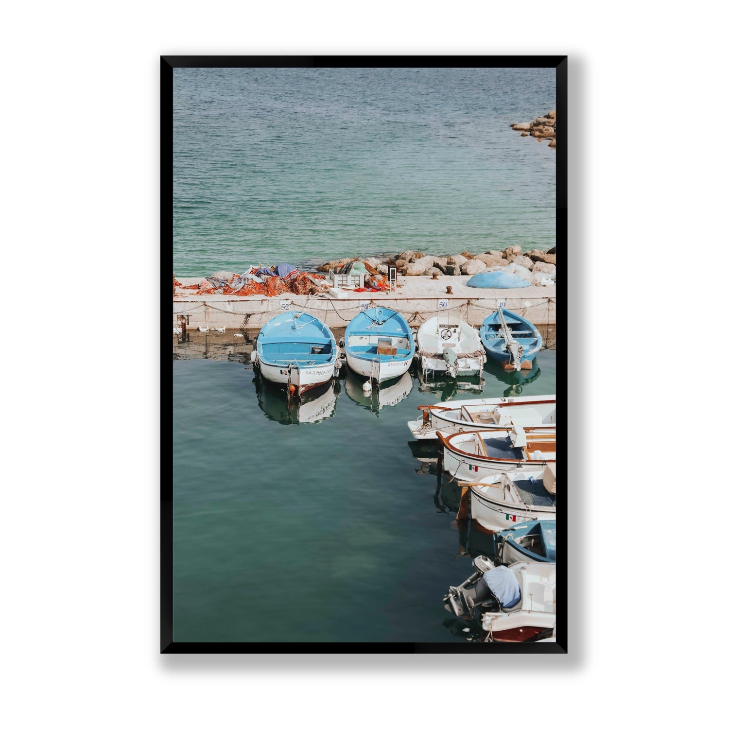 Maritime Memories Puglia Harbour Reflections coastal wall art Statement full-bleed fine art print in black frame