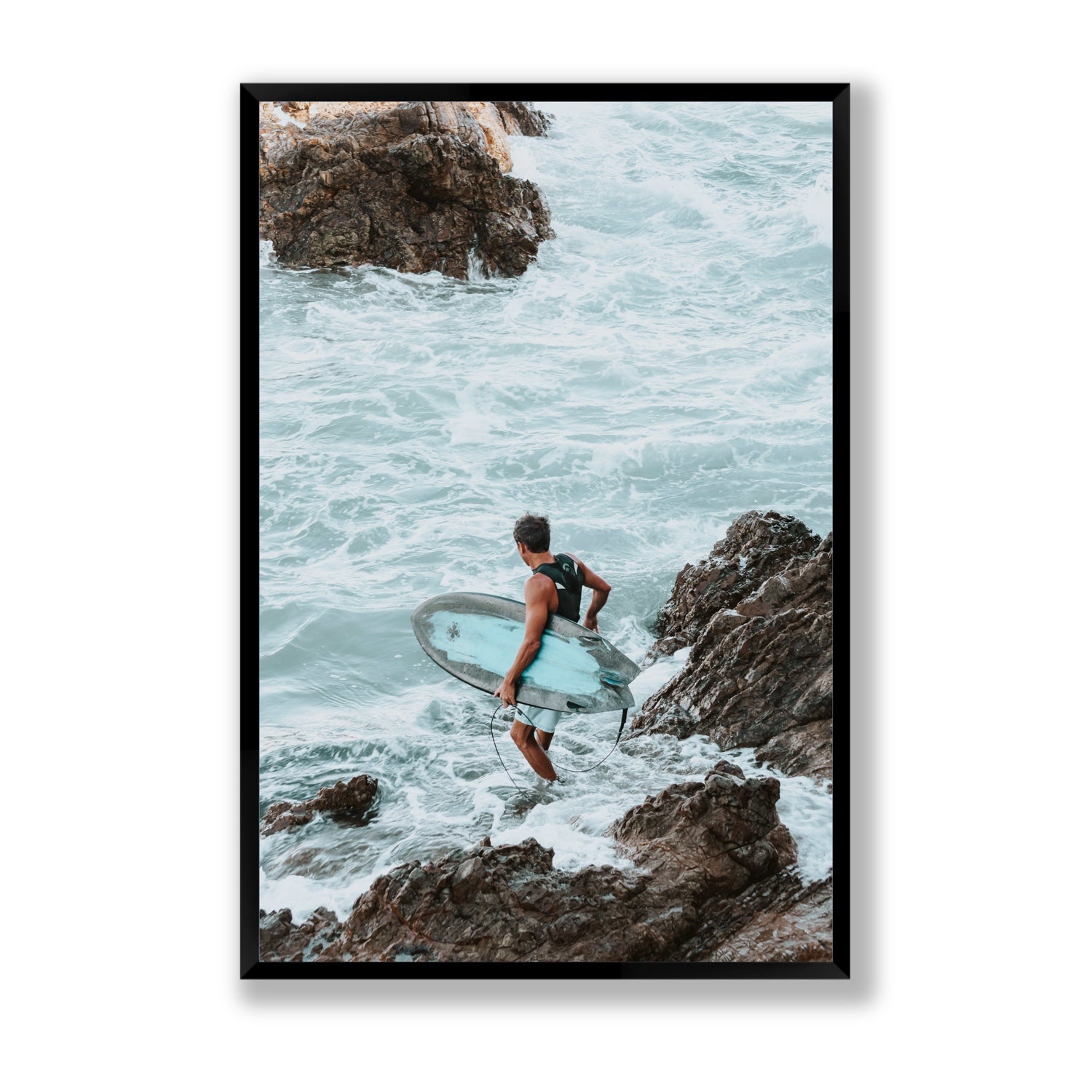 Into The Soup Byron Bay Surf coastal wall art Statement full-bleed fine art print in black frame