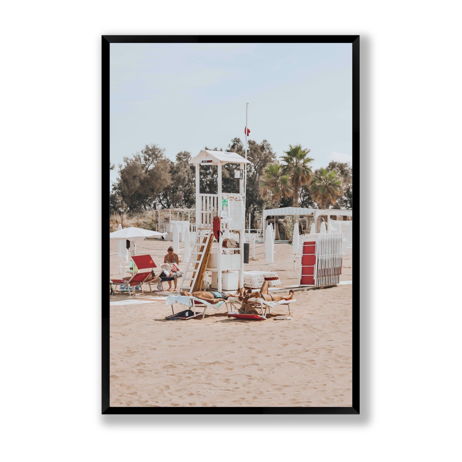 Red Lounge Reverie Puglia beach coastal wall art Statement full-bleed fine art print in black frame