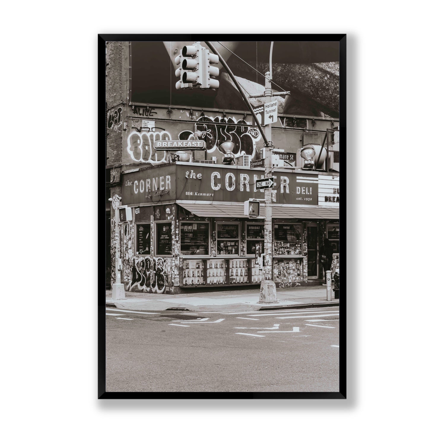 Soho Deli New York NYC Black & White wall art Statement full-bleed fine art print in black frame