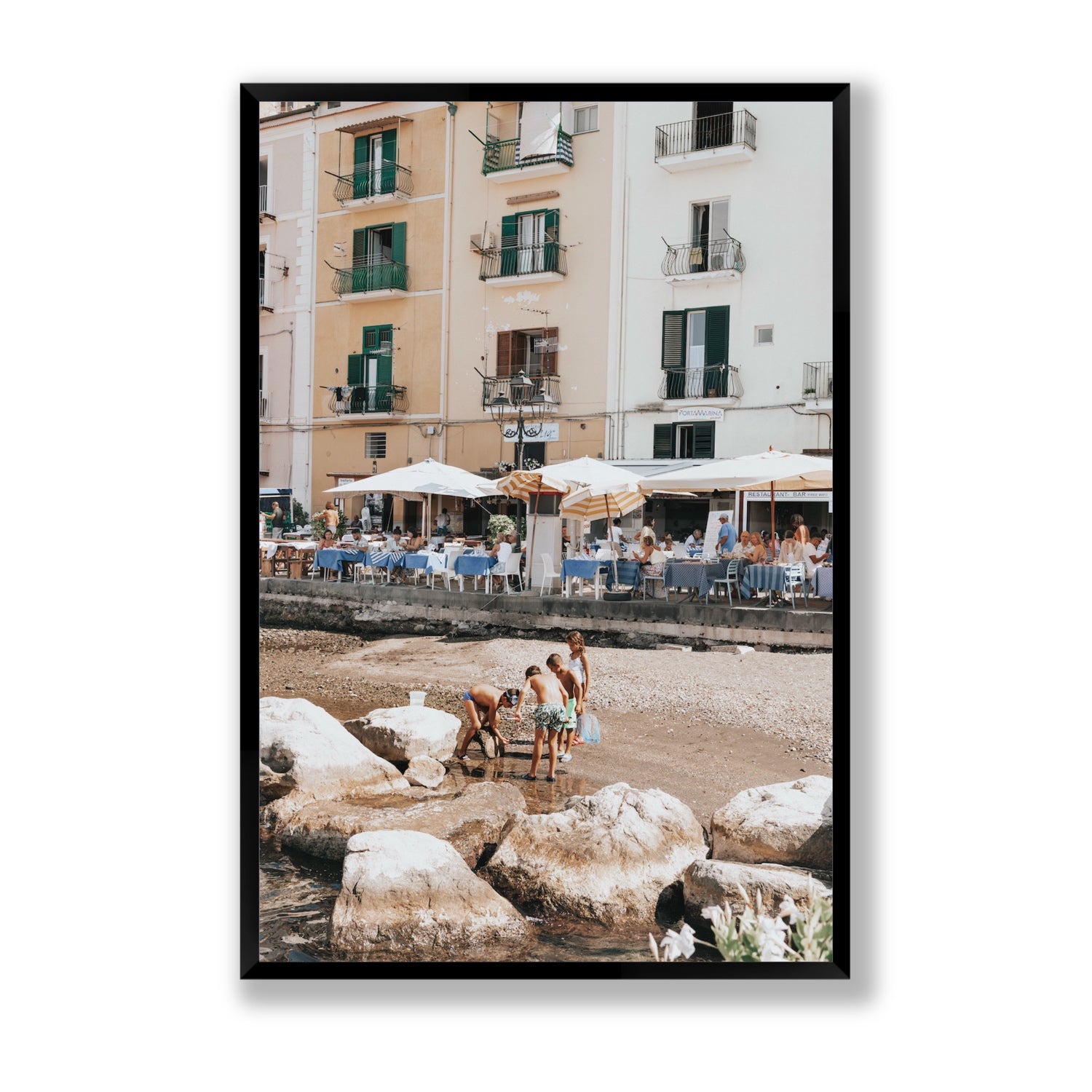 Sunny Playtime Sorrento coastal wall art Statement full-bleed fine art print in black frame