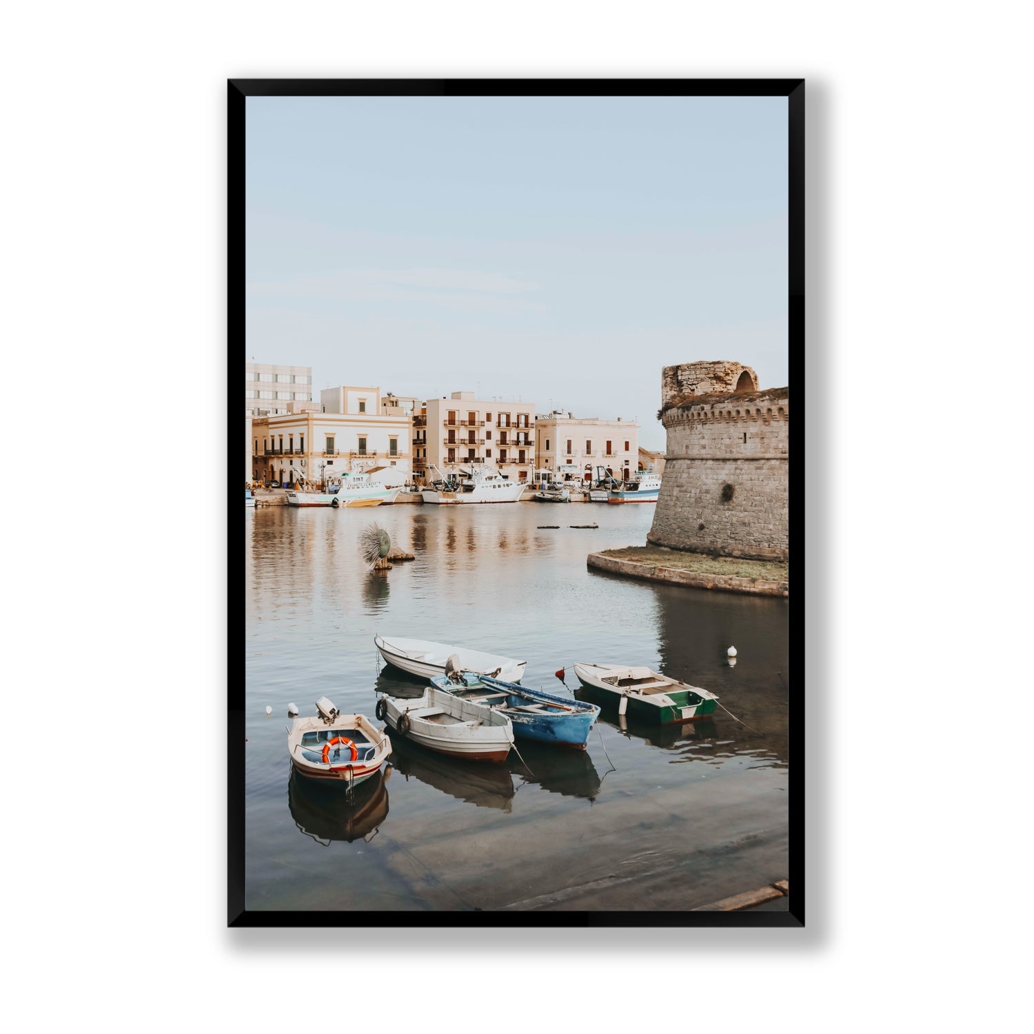 Gallipoli Harbour Puglia coastal wall art Statement full-bleed fine art print in black frame