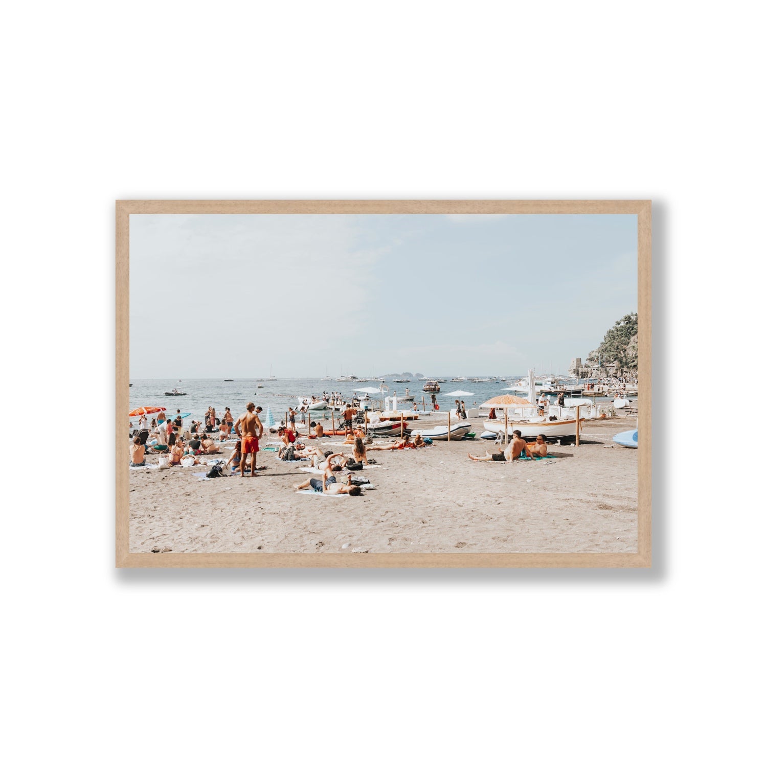 Beachy Vibes fine art print, Positano, Italy, Giant, Natural Oak Frame · Full Bleed, Fine Art Print