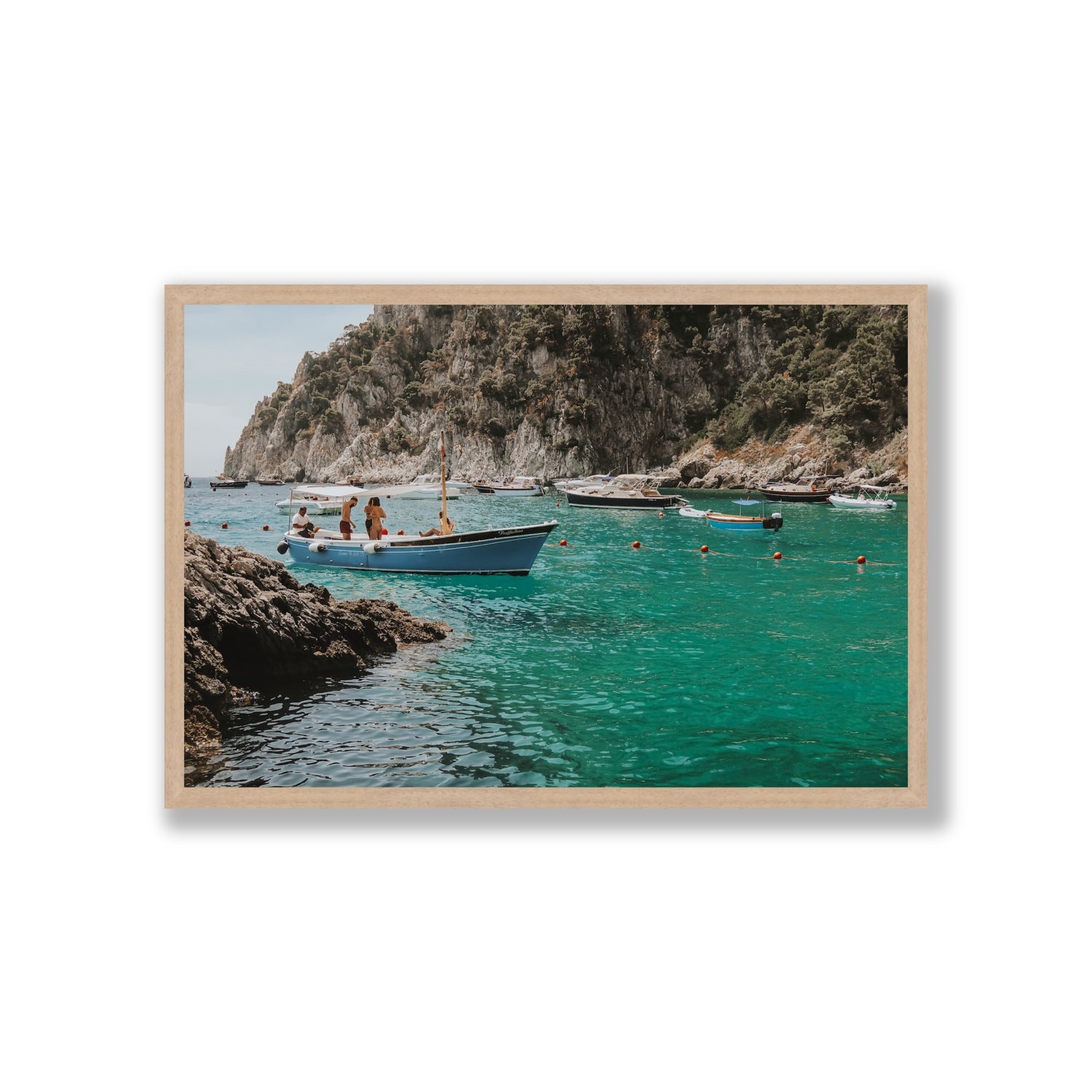 Cozy Cove Capri coastal Mediterranean wall art Giant full-bleed fine art print in natural oak frame