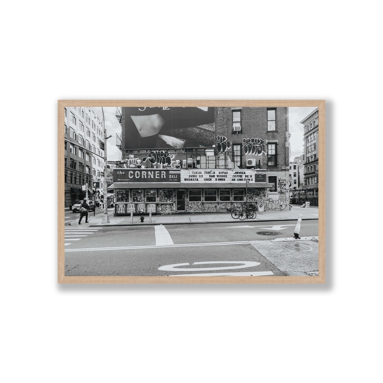 Kenmare Street New York NYC Black & White wall art Giant full-bleed fine art print in natural oak frame