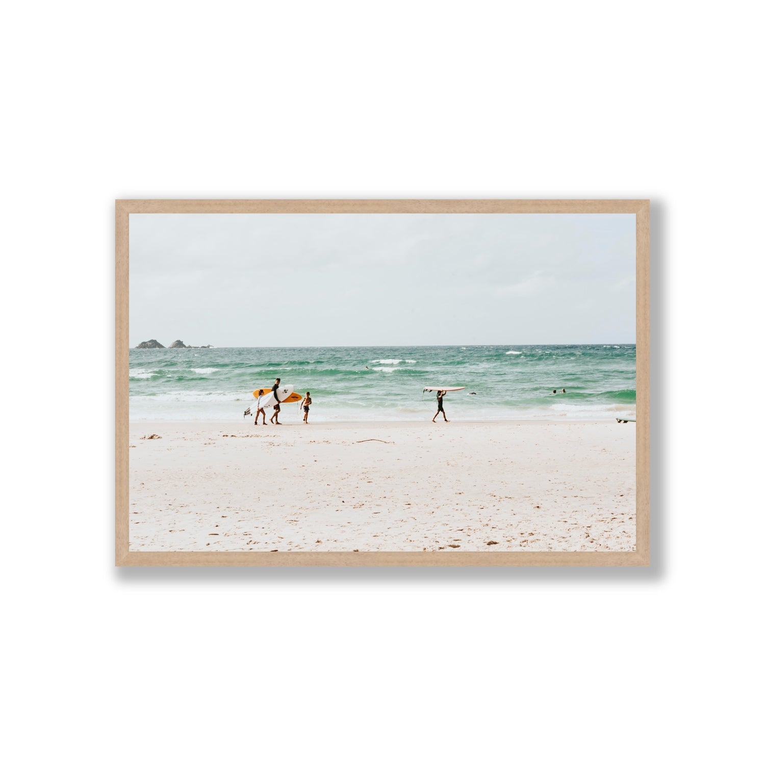 La Famiglia Byron Bay Family Surf coastal wall art Giant full-bleed fine art print in natural oak frame
