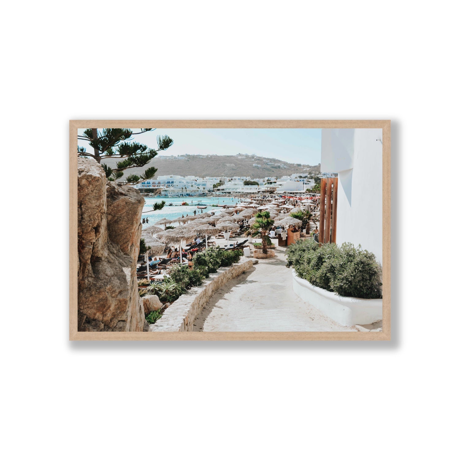 Kalimera Mykonos Greek island wall art Giant full-bleed fine art print in natural oak frame