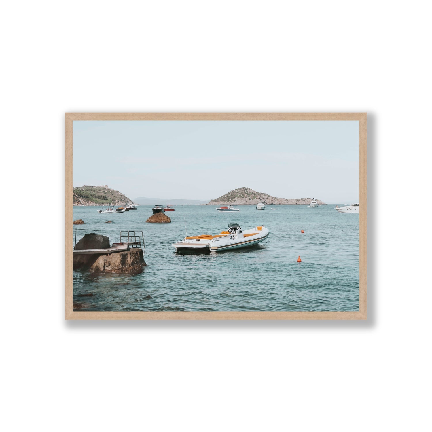 The Azure Sea Tuscany coastal Italian wall art Giant full-bleed fine art print in natural oak frame