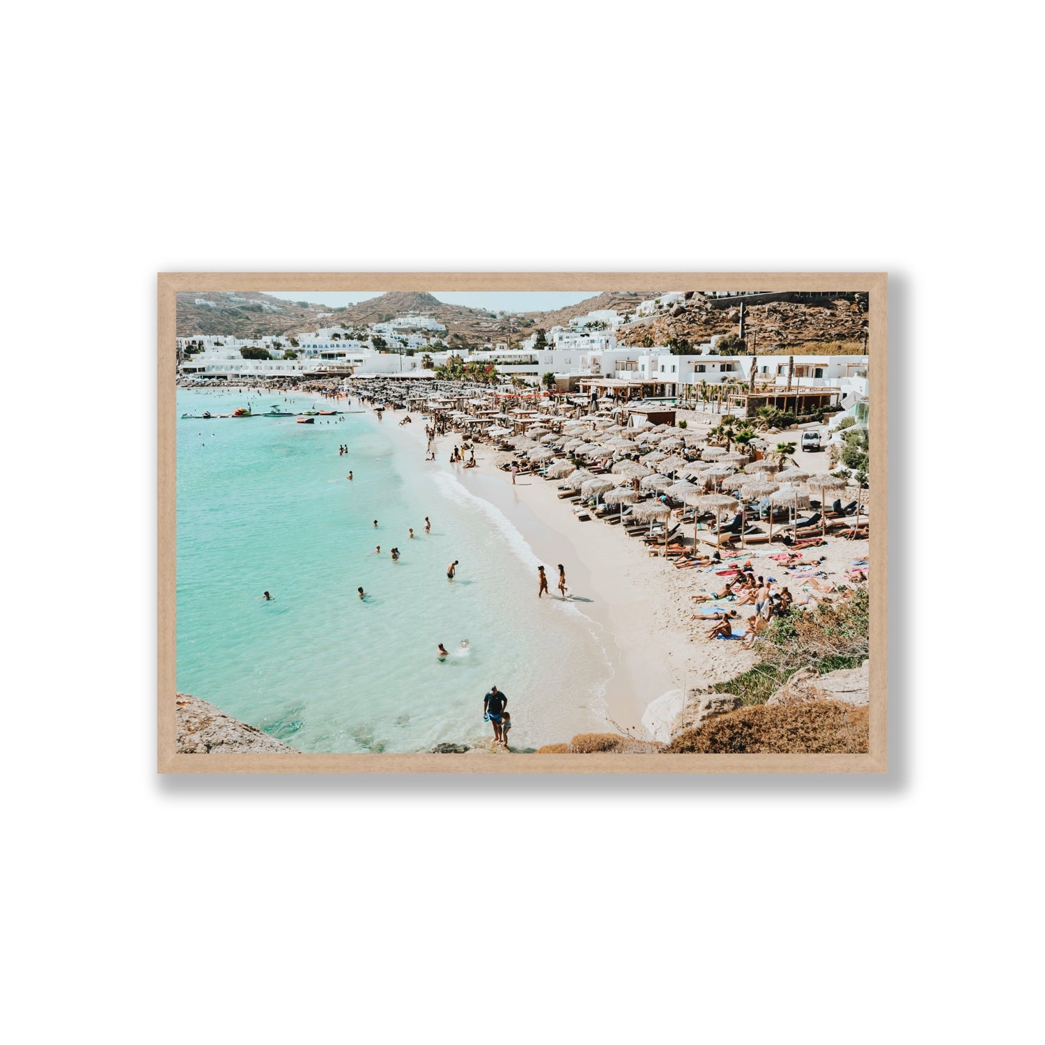 Aquaholic Mykonos Greek island wall art Giant full-bleed fine art print in natural oak frame
