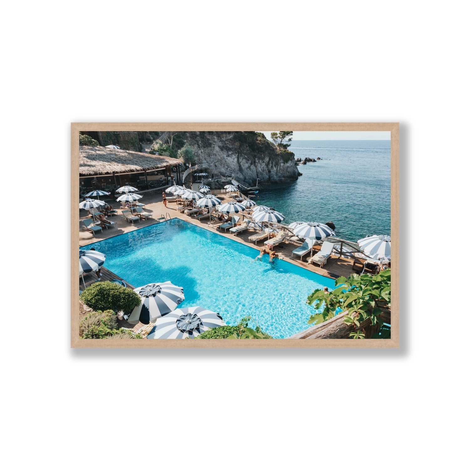Oceanview Ischia Italian coastal wall art Giant full-bleed fine art print in natural oak frame