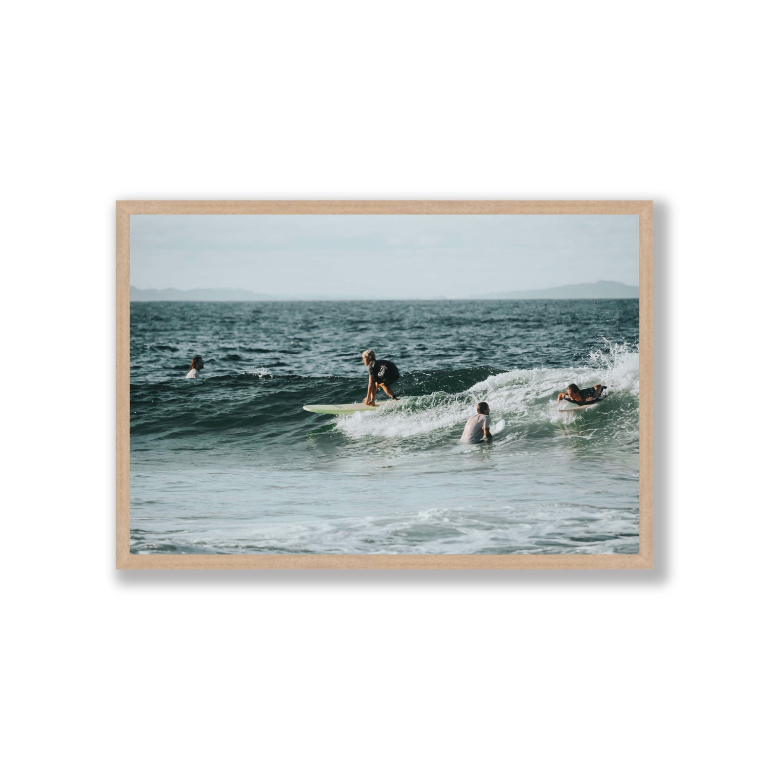 The Boys of Summer Byron Bay Surf coastal wall art Giant full-bleed fine art print in natural oak frame