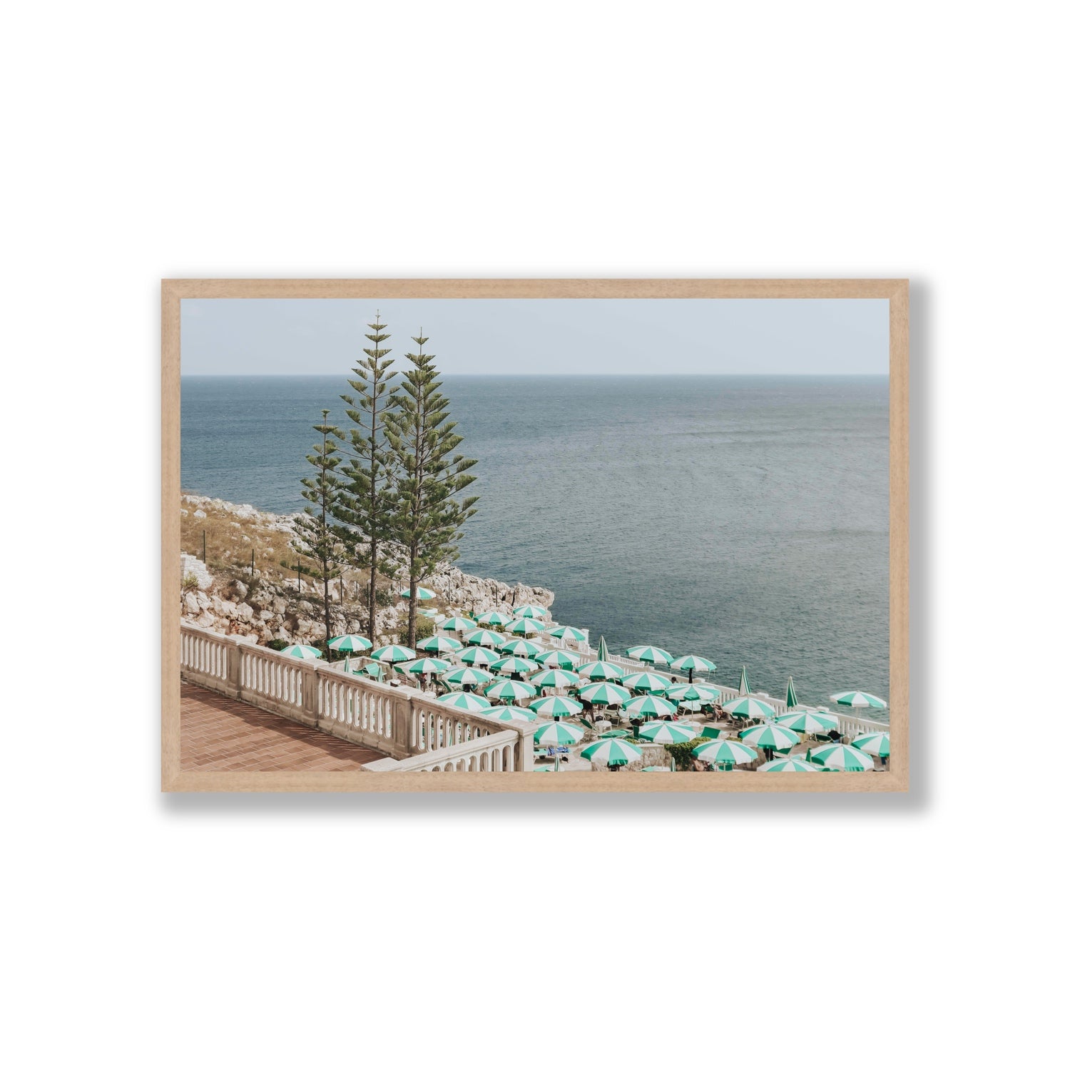 Azure Horizon Puglia beach coastal wall art Giant full-bleed fine art print in natural oak frame