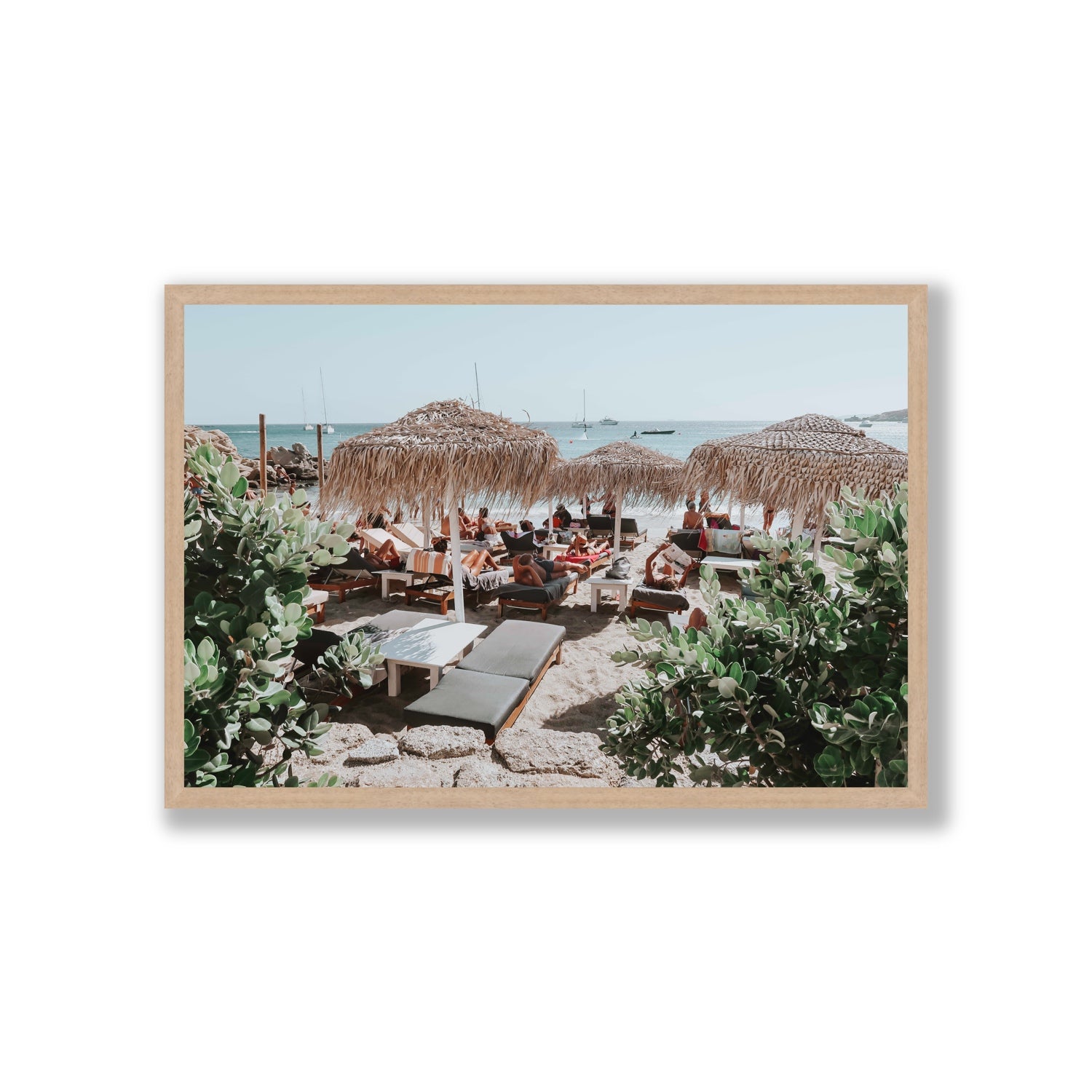 Greek Haven Mykonos Greek island coastal wall art Giant full-bleed fine art print in natural oak frame