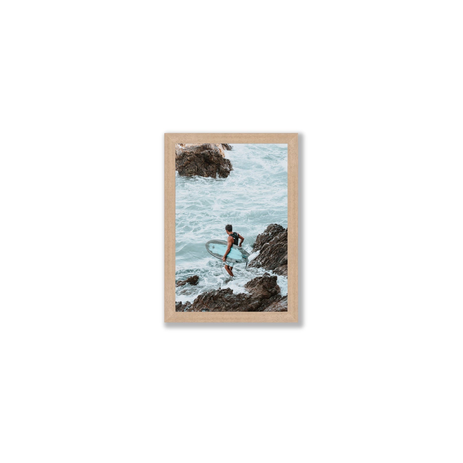 Into The Soup Byron Bay Surf coastal wall art Small full-bleed fine art print in natural oak frame