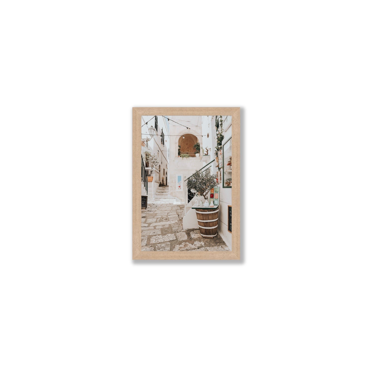 Olive Tree Lane Puglia Ostuni Mediterranean decor wall art Small full-bleed fine art print in natural oak frame