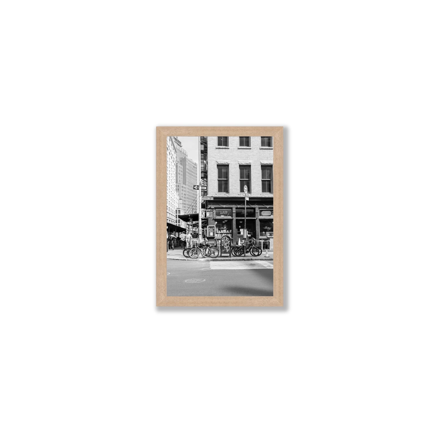 Bites Of The Big Apple New York NYC Black & White wall art Small full-bleed fine art print in natural oak frame