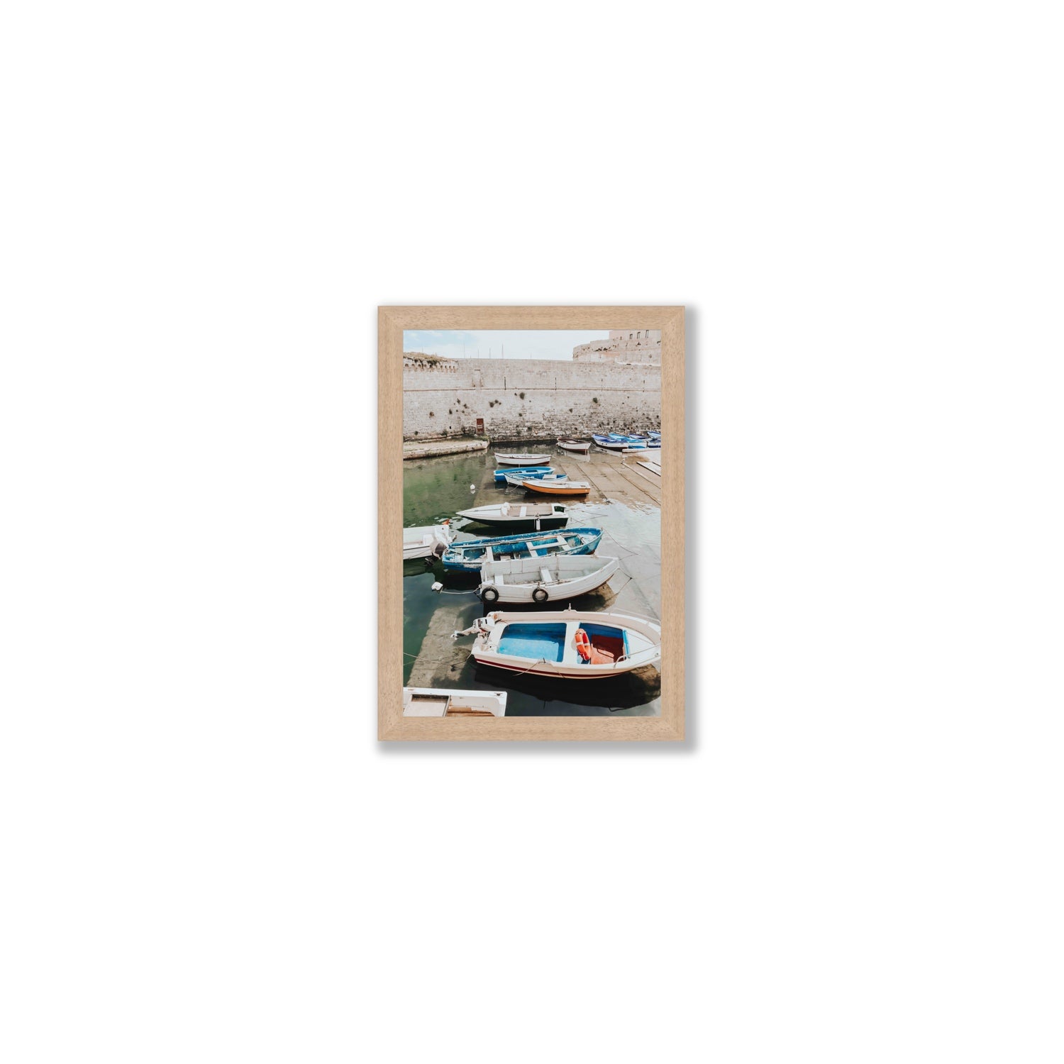 Harbour Palette Puglia coastal photography wall art Small full-bleed fine art print in natural oak frame