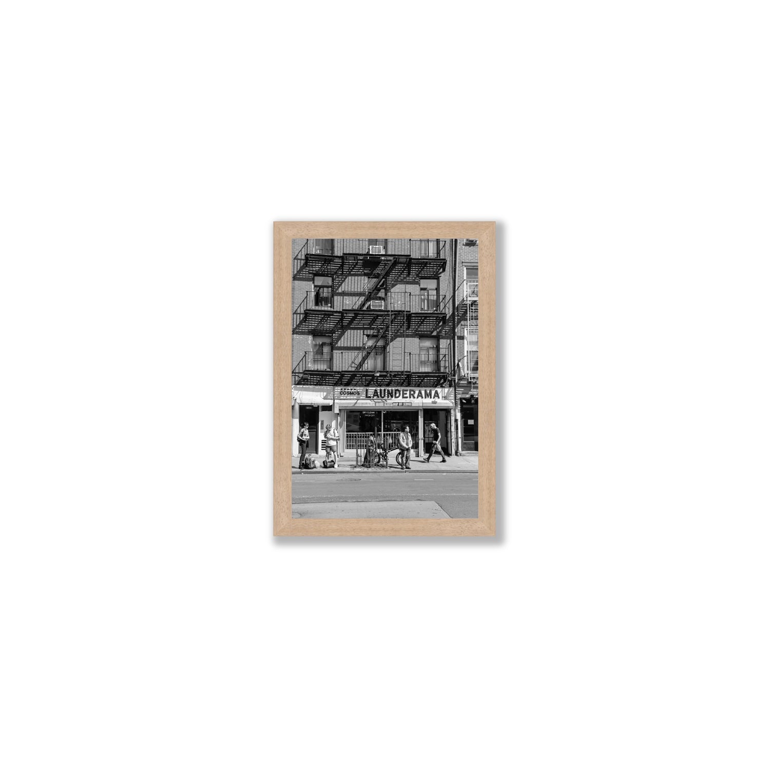 Bus Stop New York NYC Black & White wall art Small full-bleed fine art print in natural oak frame